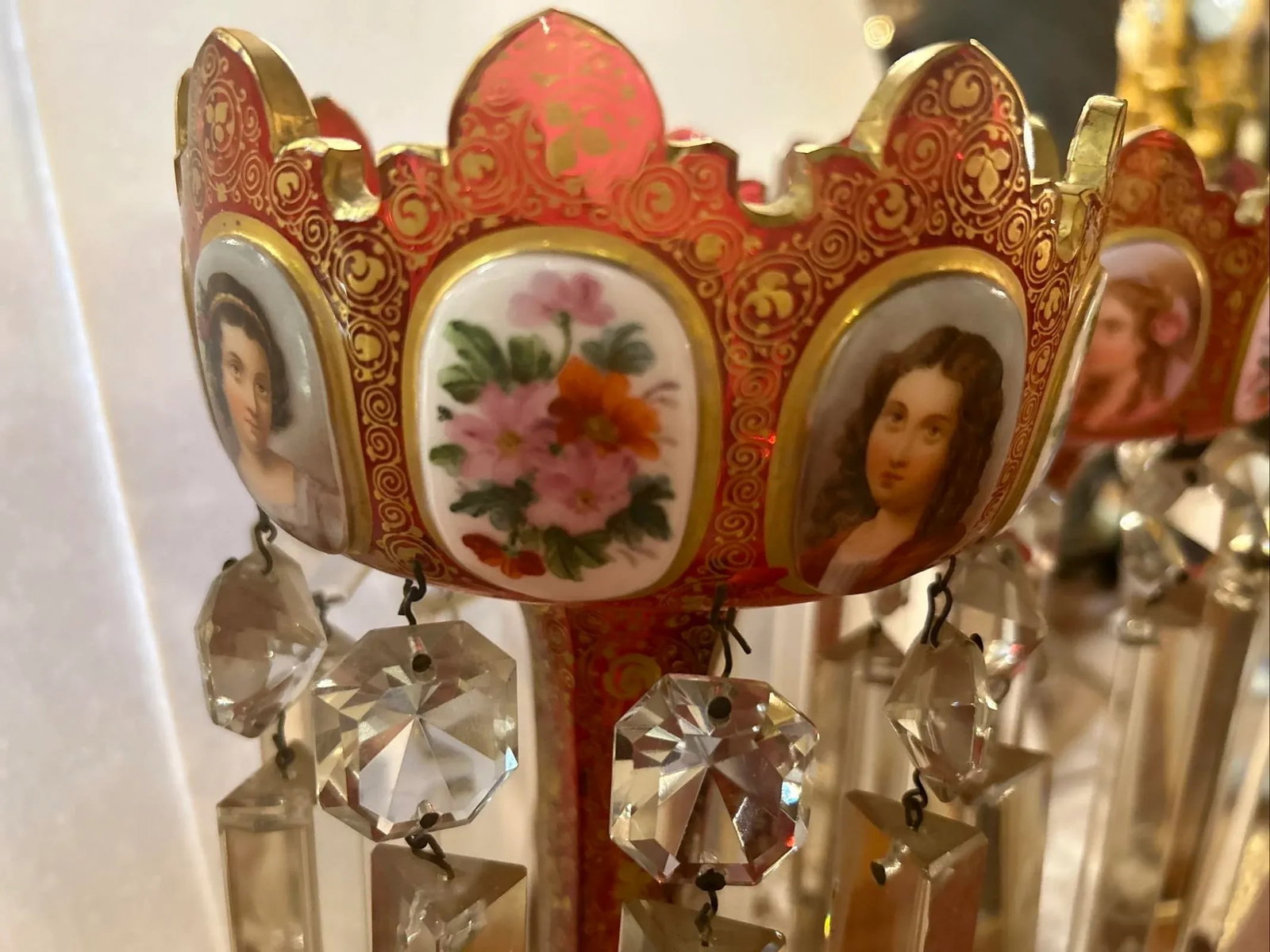 Pair of 19th Century Portraits Gold Plated Hand Painted Moser Lusters, Overlay - 9