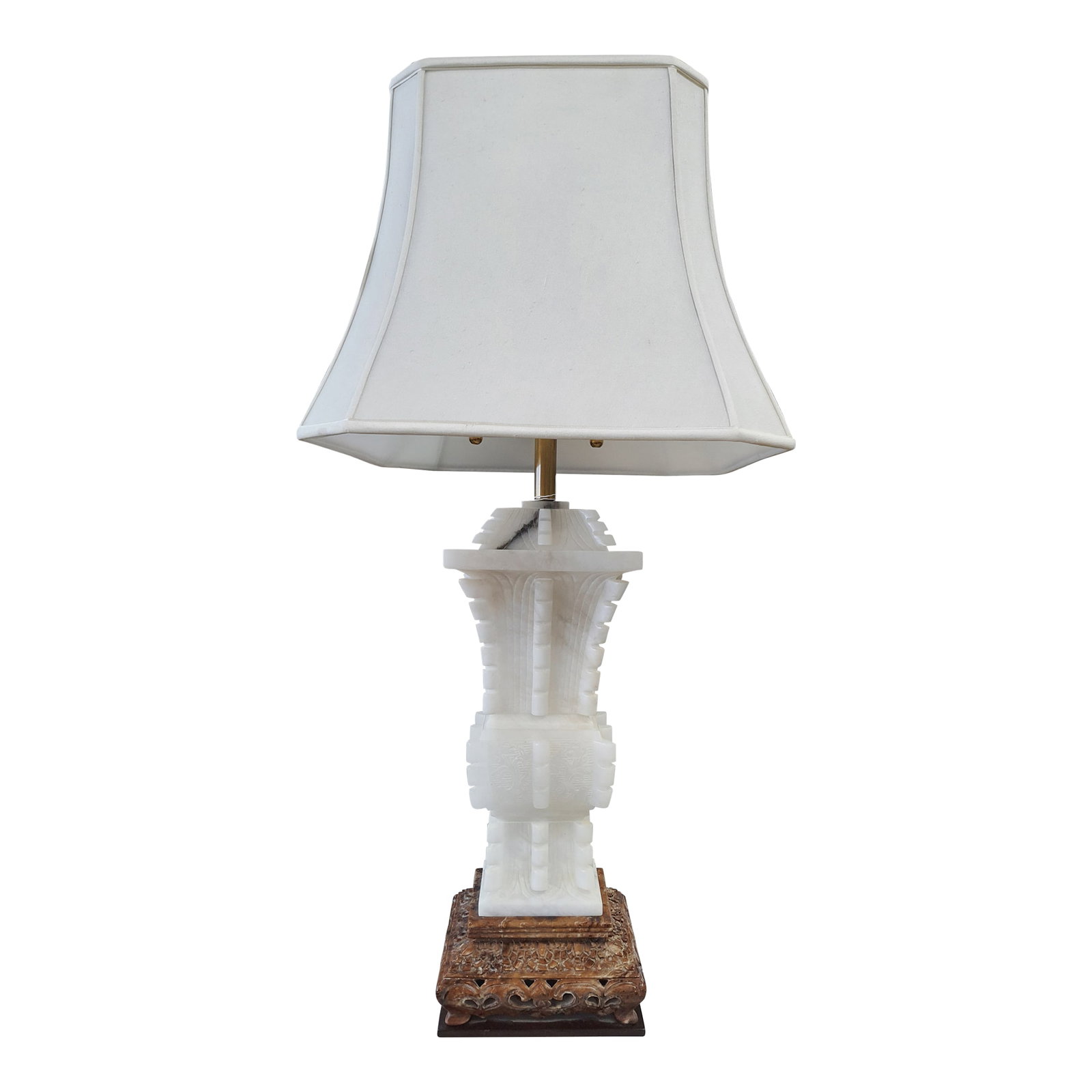 1980s Marbro Hand Carved Solid Alabaster White Lamp with Base: Handcarved Solid Alabaster White Lamp w/alabaster Brown Base, Rare and unique Marbro Lamp Co. Dimmable cord. 40" Tall 9" wide at base 8"deep Base. Lampshade: 14.5" x 18.5" * 18" Compare at $7-8,000