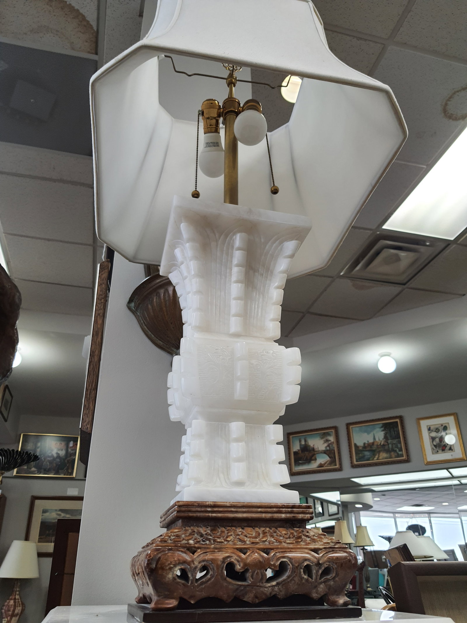 1980s Marbro Hand Carved Solid Alabaster White Lamp with Base - 2
