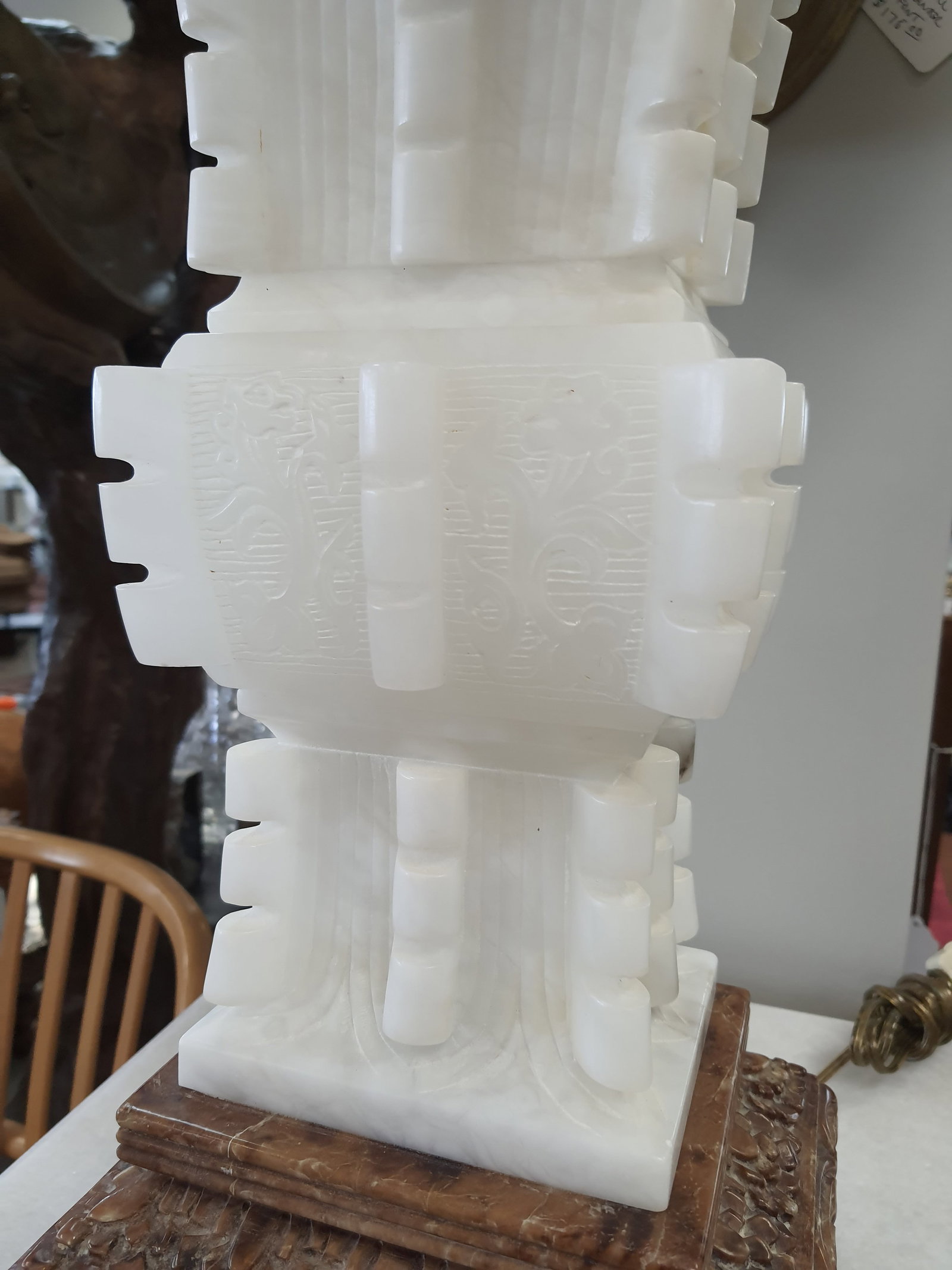 1980s Marbro Hand Carved Solid Alabaster White Lamp with Base - 5