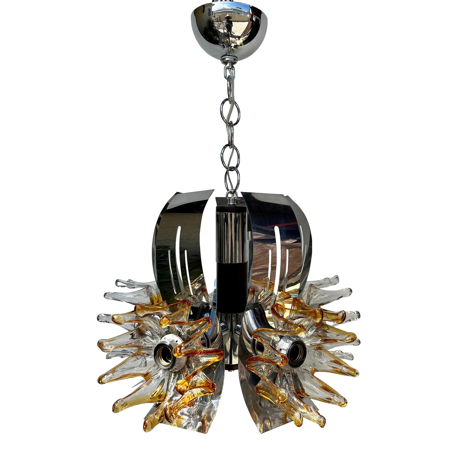 Space Age Chandelier Designed by Carlo Nason for Mazzega, 1970: Murano Glass Chandelier Designed by Carlo Nason for Mazzega amber-color Murano glass , polish chrome, the chandelier is in excellent condition 5 Lights, The height of the chandelier without the chain