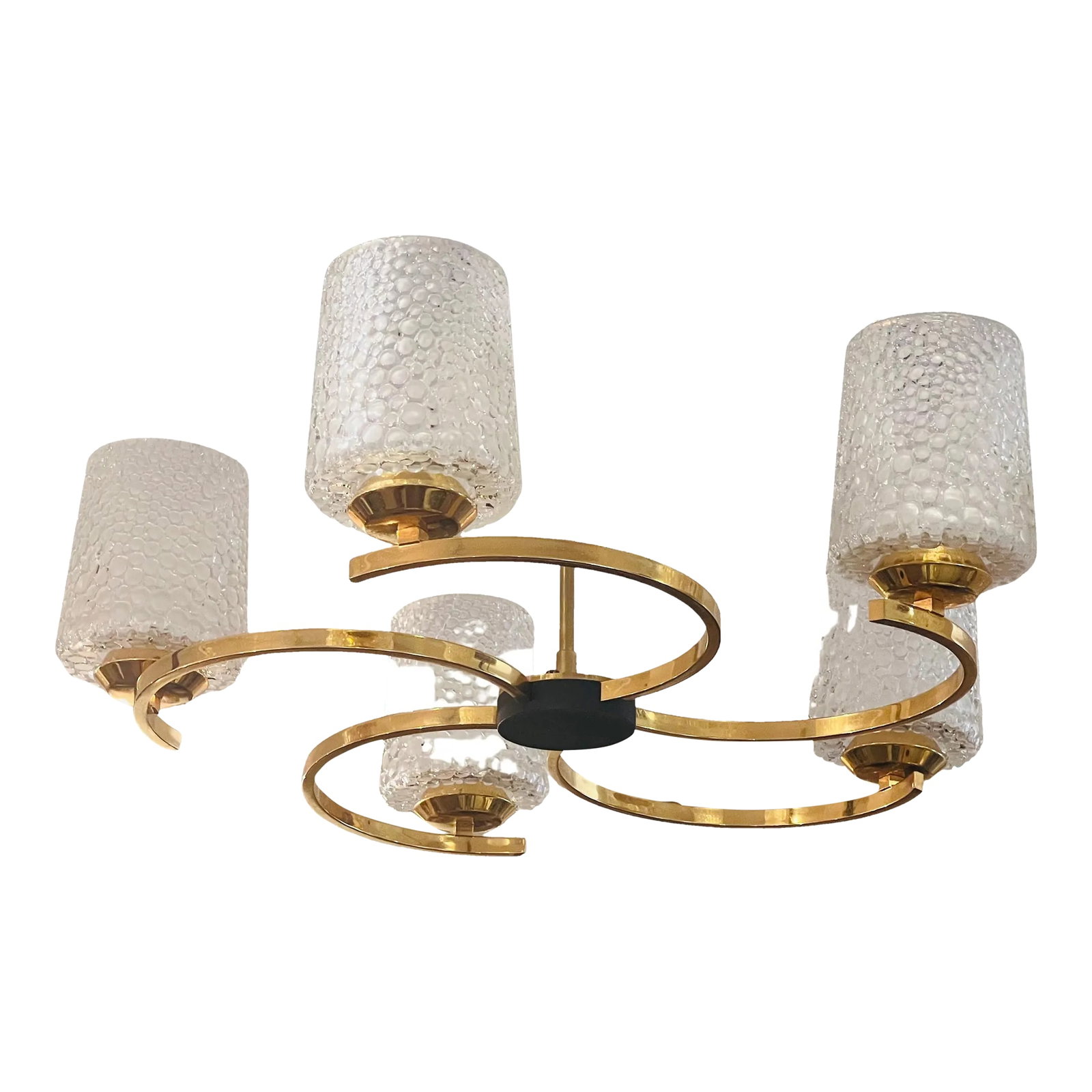 French 1960s Arlus Golden Glass Pendant Mid Century: A wonderful 5 light serpentine circular golden brass French chandelier with blown frosted bubble glass shades by French lighting maker, Arlus. Rewired . Matching six light version available.