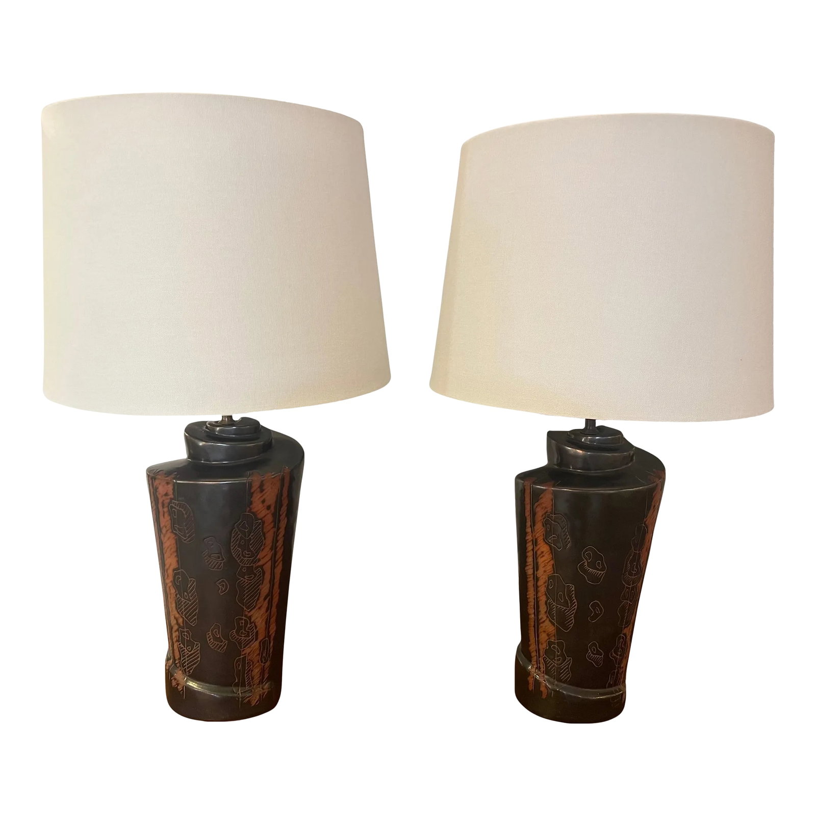1940s American Marianna von Allesch Ceramic Table Lamps - A Pair: Pair of original art pottery table lamps by famed American artist, Marianna con Allesch. Signed. Rewired with aged brass double sockets and brown cloth cords. The ceramic bodies are 13" tall in