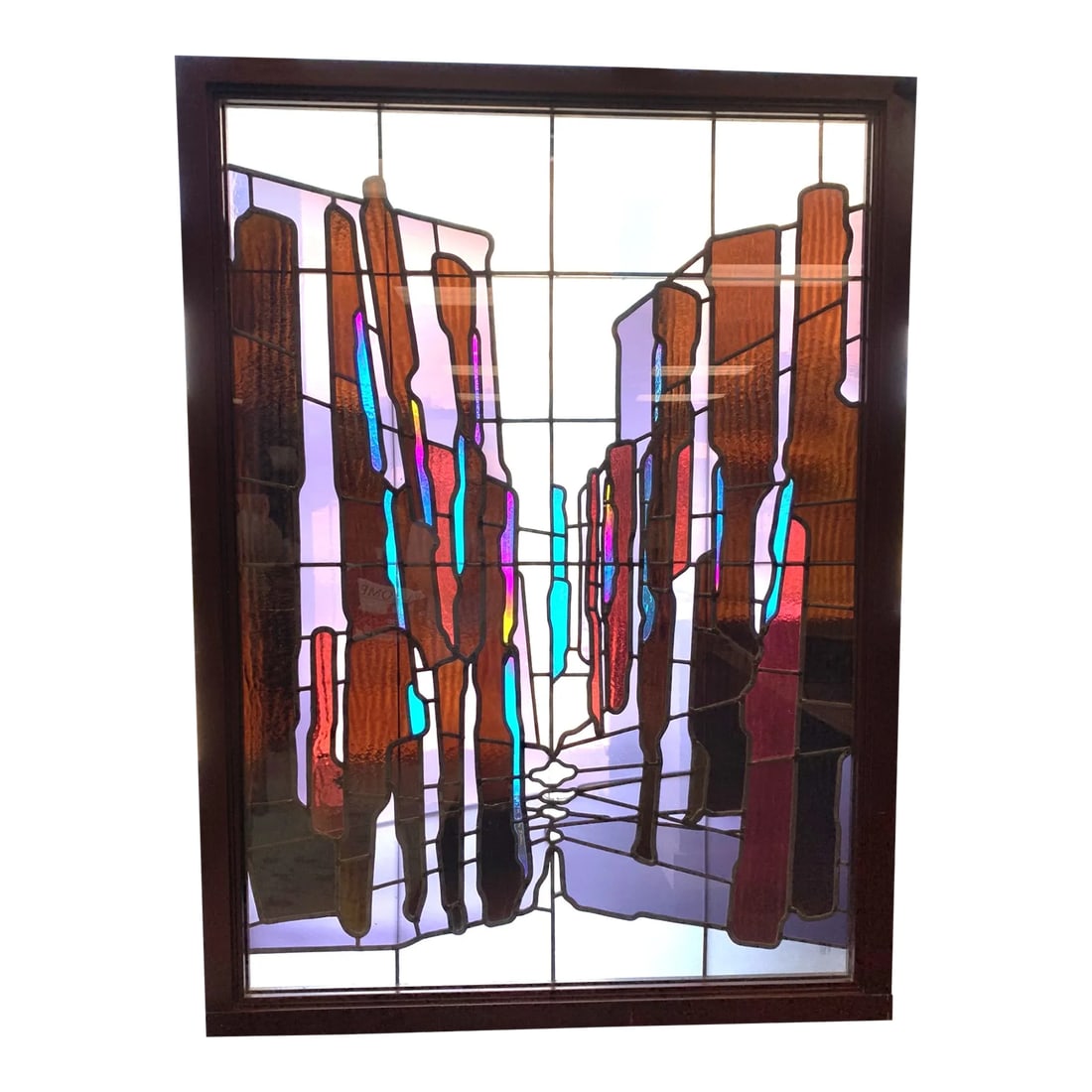 Large 1990s Contemporary Stained-Glass: Beautiful, contemporary stained-glass panel by glass artist Maureen McGuire, circa 1991. This striking piece was part of a collection that was installed at the AARP National Office in Washington, DC.