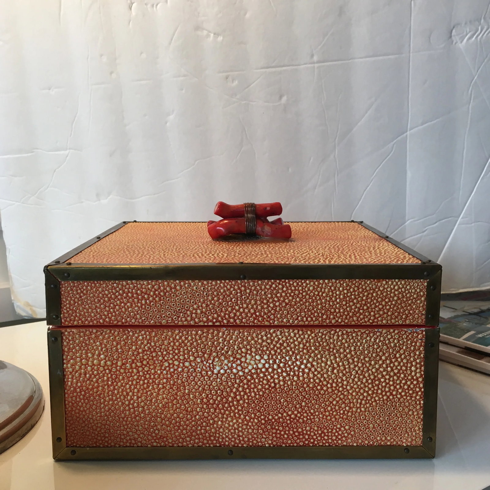 Coral - Colored Shagreen Lidded Box With Metal Wrapped Coral Lid Pull - 10