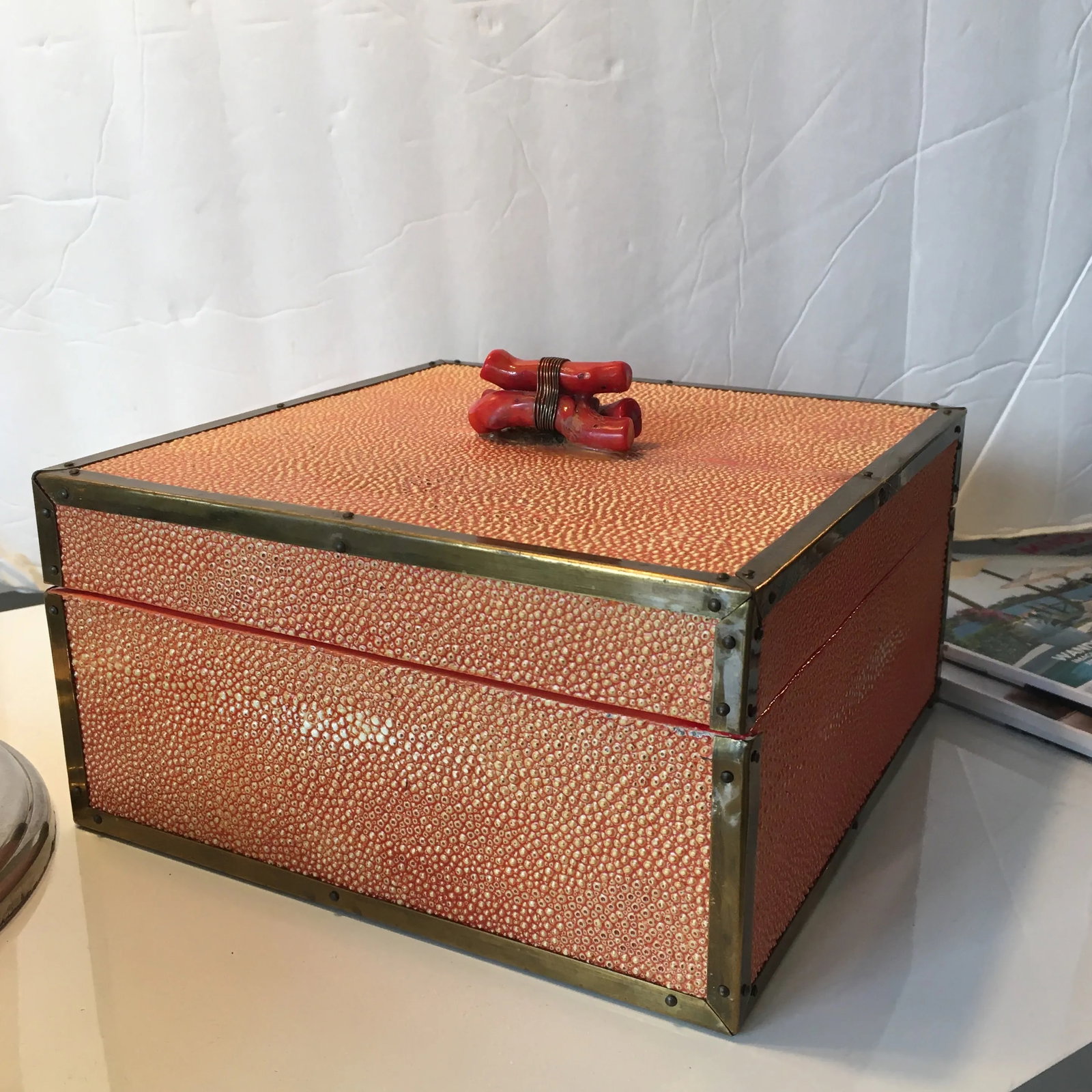 Coral - Colored Shagreen Lidded Box With Metal Wrapped Coral Lid Pull - 11