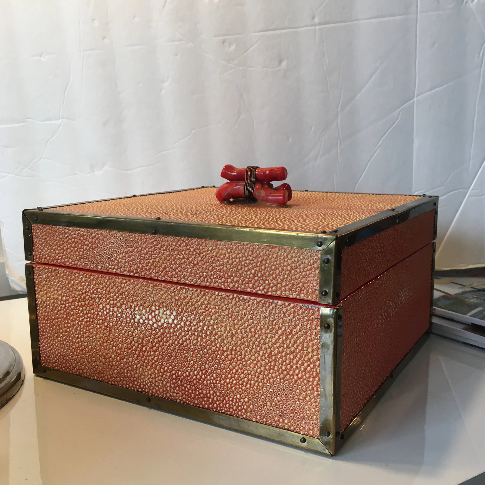 Coral - Colored Shagreen Lidded Box With Metal Wrapped Coral Lid Pull - 12