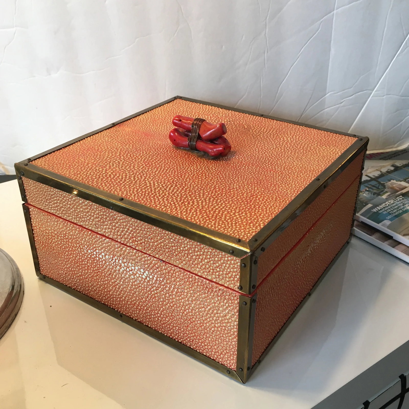 Coral - Colored Shagreen Lidded Box With Metal Wrapped Coral Lid Pull - 13