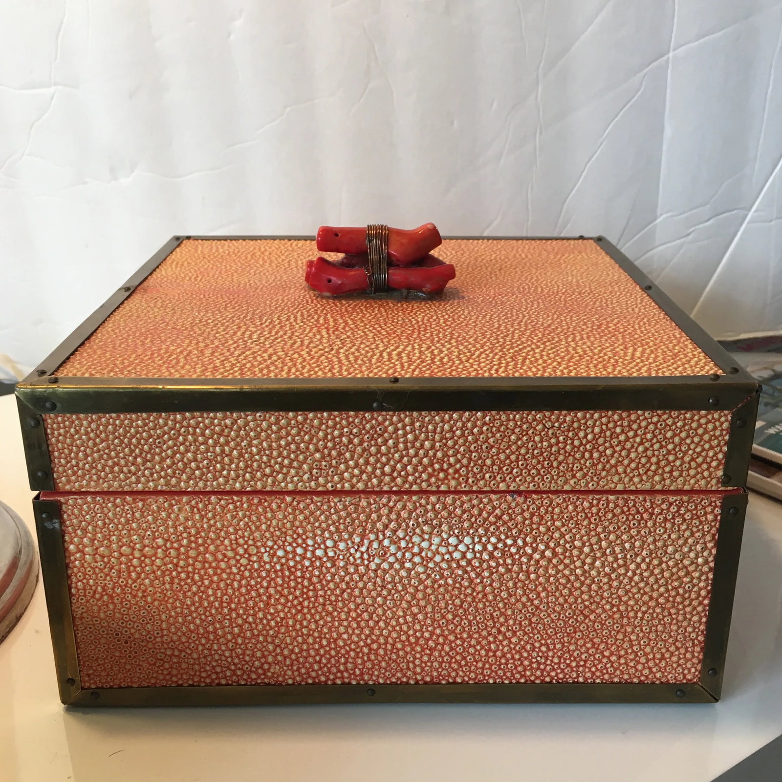Coral - Colored Shagreen Lidded Box With Metal Wrapped Coral Lid Pull - 2