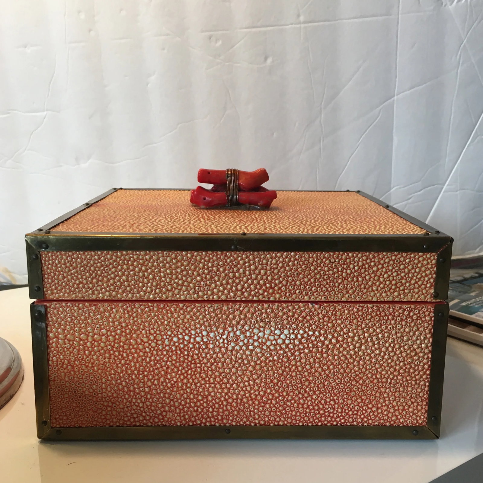 Coral - Colored Shagreen Lidded Box With Metal Wrapped Coral Lid Pull - 3