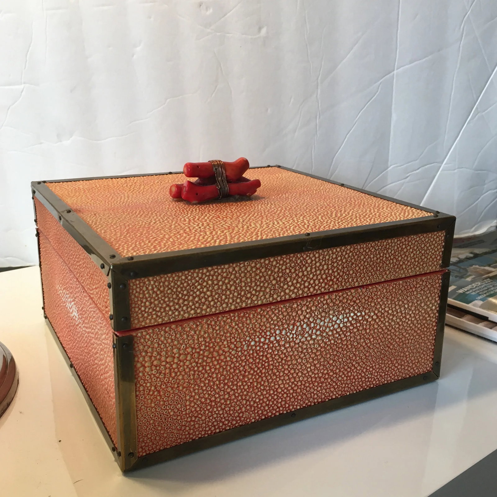 Coral - Colored Shagreen Lidded Box With Metal Wrapped Coral Lid Pull - 4
