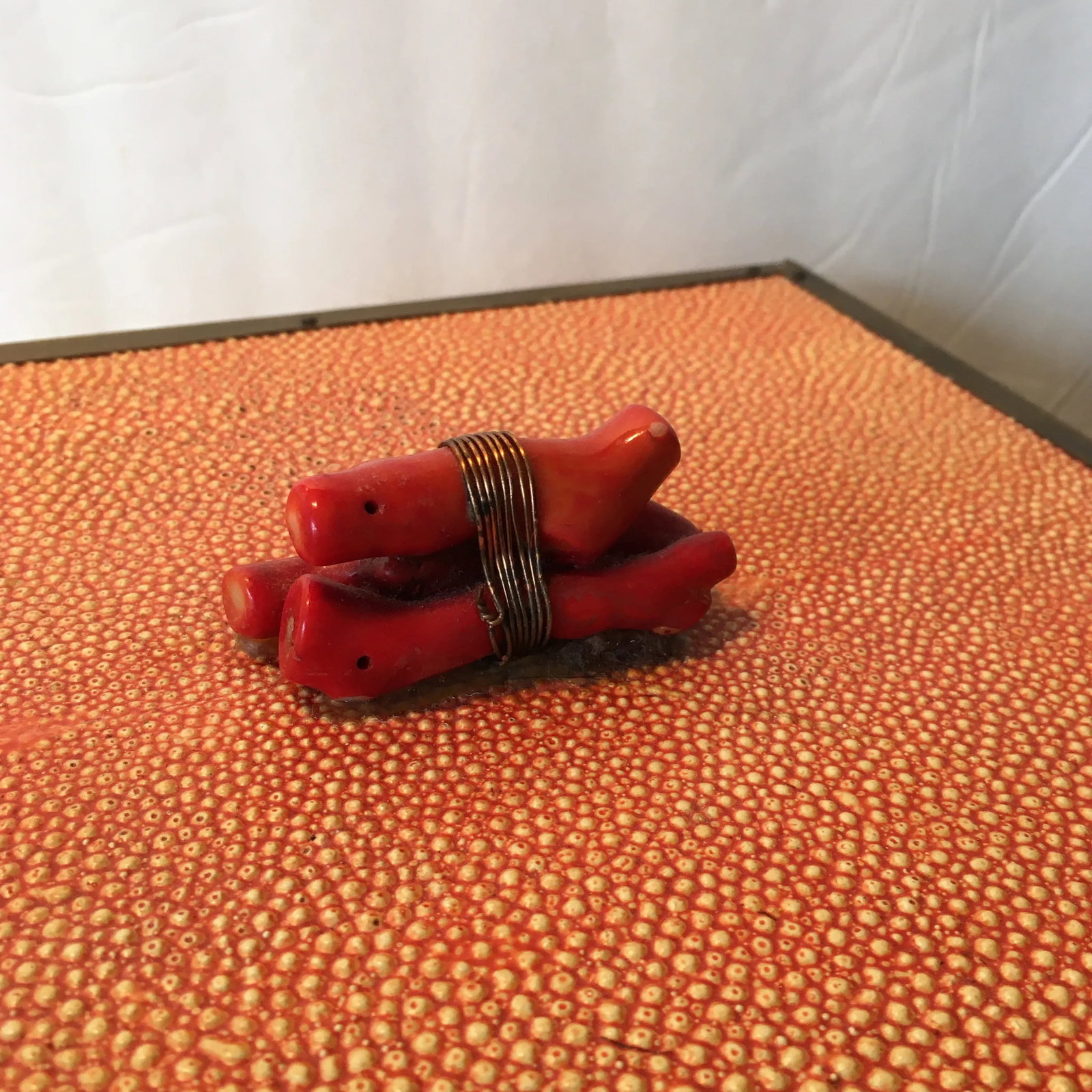 Coral - Colored Shagreen Lidded Box With Metal Wrapped Coral Lid Pull - 5