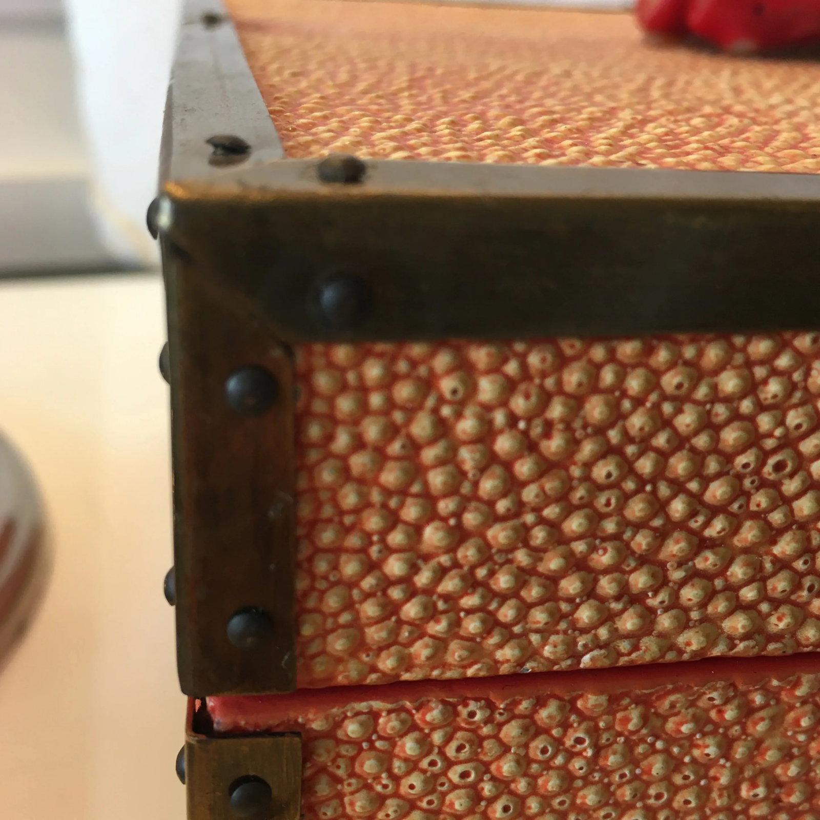 Coral - Colored Shagreen Lidded Box With Metal Wrapped Coral Lid Pull - 6