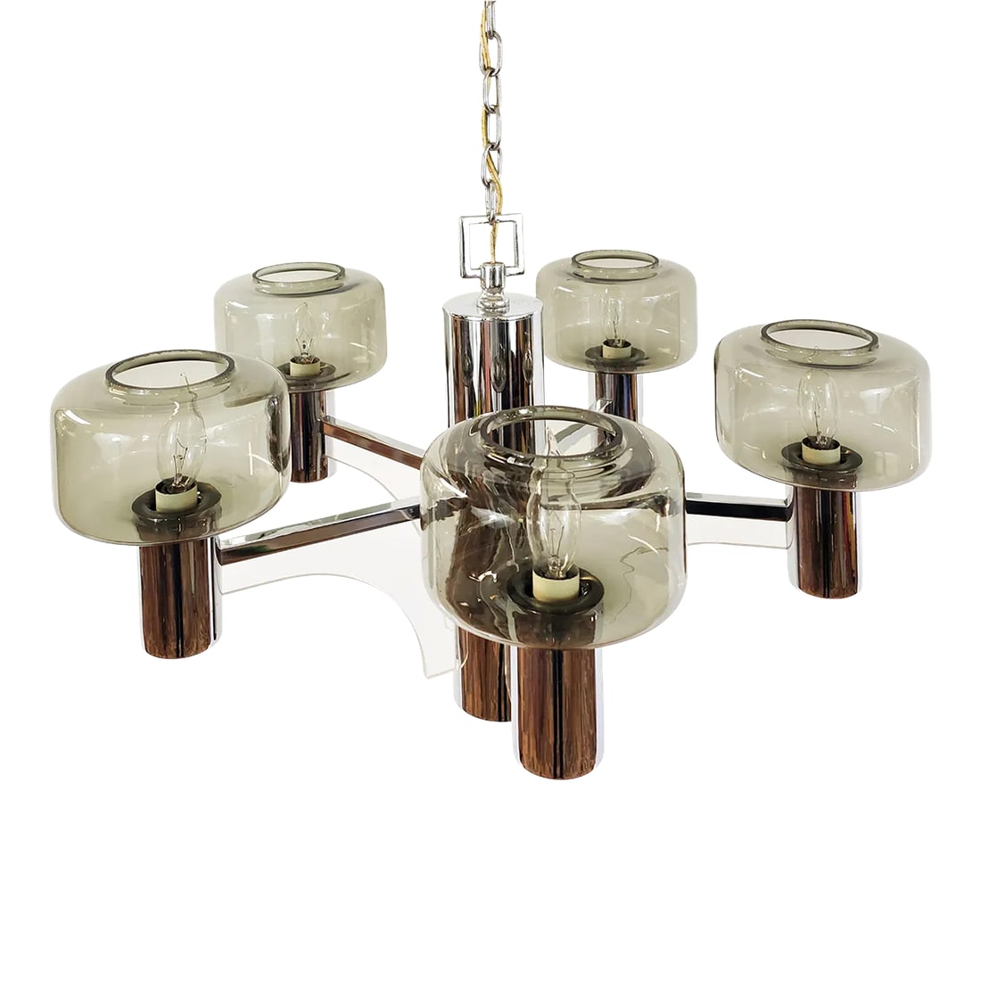 Vintage Mid-Centuy Chrome and Lucite Chandelier: Vintage Mid Century Modern Chrome and Lucite Chandelier is readying to be the center of attention in your living room or dining room. All bulbs are in working order._ Total (including chain and