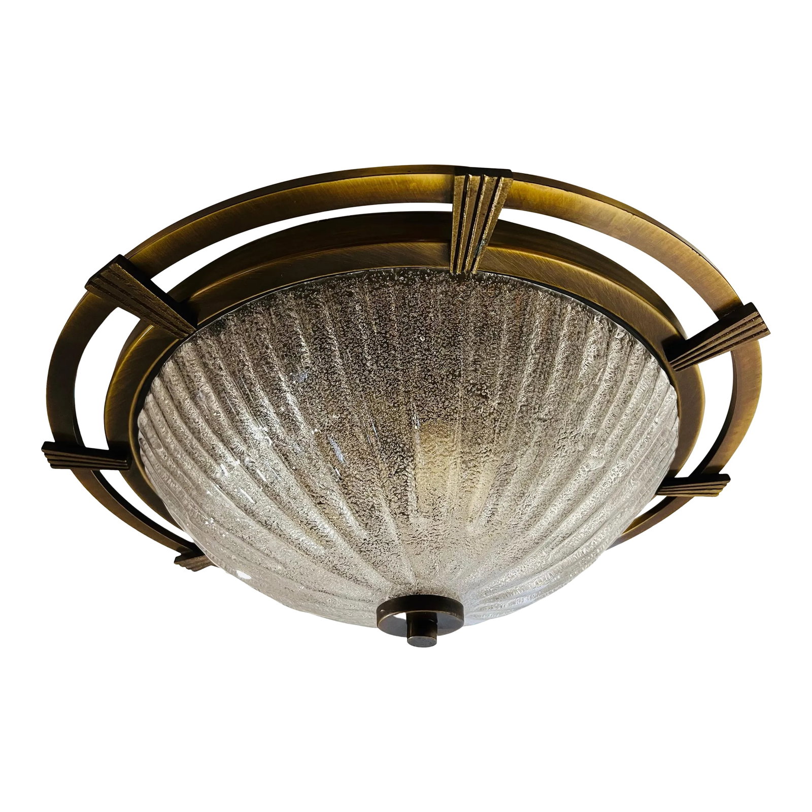 Large Nautical 1960 German Mid Century Flush Lamp Kaiser Leuchten Murano Glass: A wonderful 1960s Nautical Style Flush ligh done in a bronze/aged brass fixture with a hand blown Murano glass shade. Rewired. Condition: Alterations: Original Design Modified Imperfections: Some