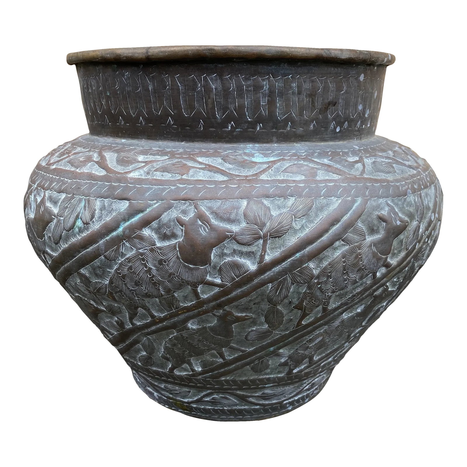Late 19th Century Egyptian Revival Brass Pot Jardiniere: Gorgeous unique Egyptian revival pot. Hand etched reprosse and spun brass. Has leaf and animal pattern. Beautiful aged patina in great condition with a small "hole" barely visible along the side of a