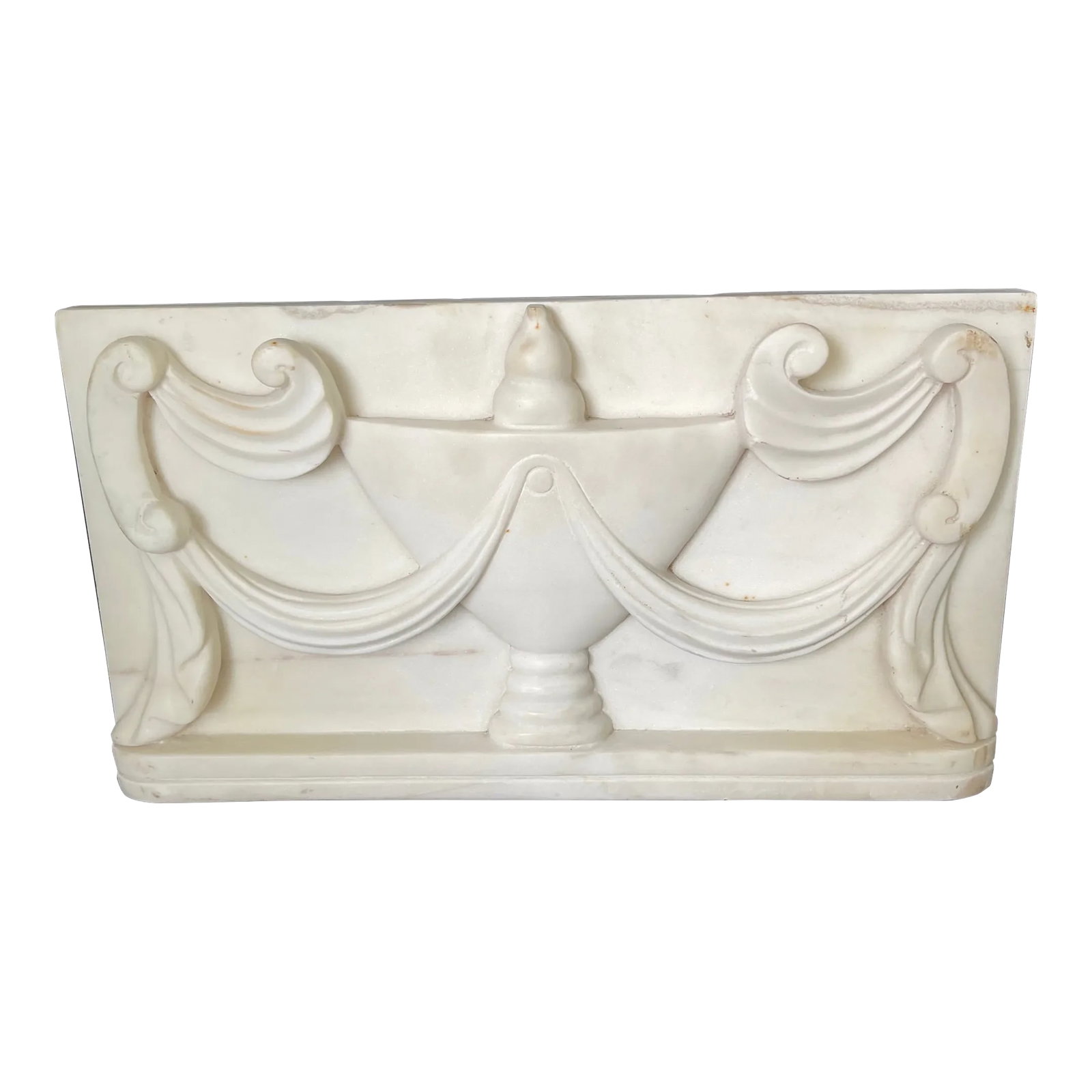 Late 19th Century Antique Classical Carved Marble Urn Plaque: Antique hand carved alabaster or marble architectural fragment plaque panel with an urn with swag festoon decoration. Would look great on a wall or bookcase or inset into tile work Condition: