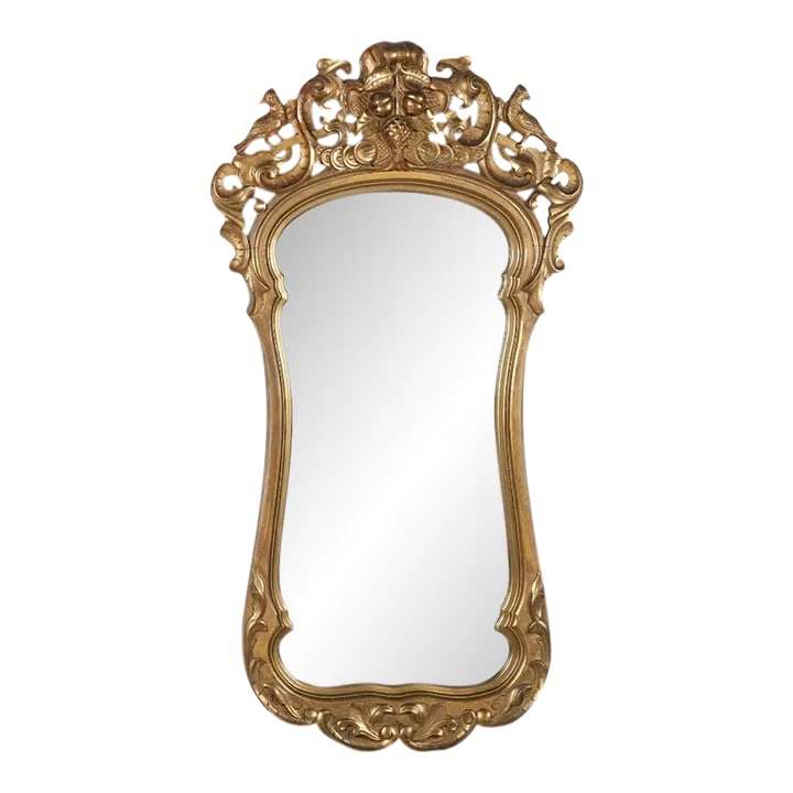 19th Century Rococo Style Carved and Gilt Mirror: Antique late 19th century Rococo Style Carved and gilt wood frame with pierce foliate and bird pediment, rectangular mirror with shaped molded surround. Original antique mirror with wood back.