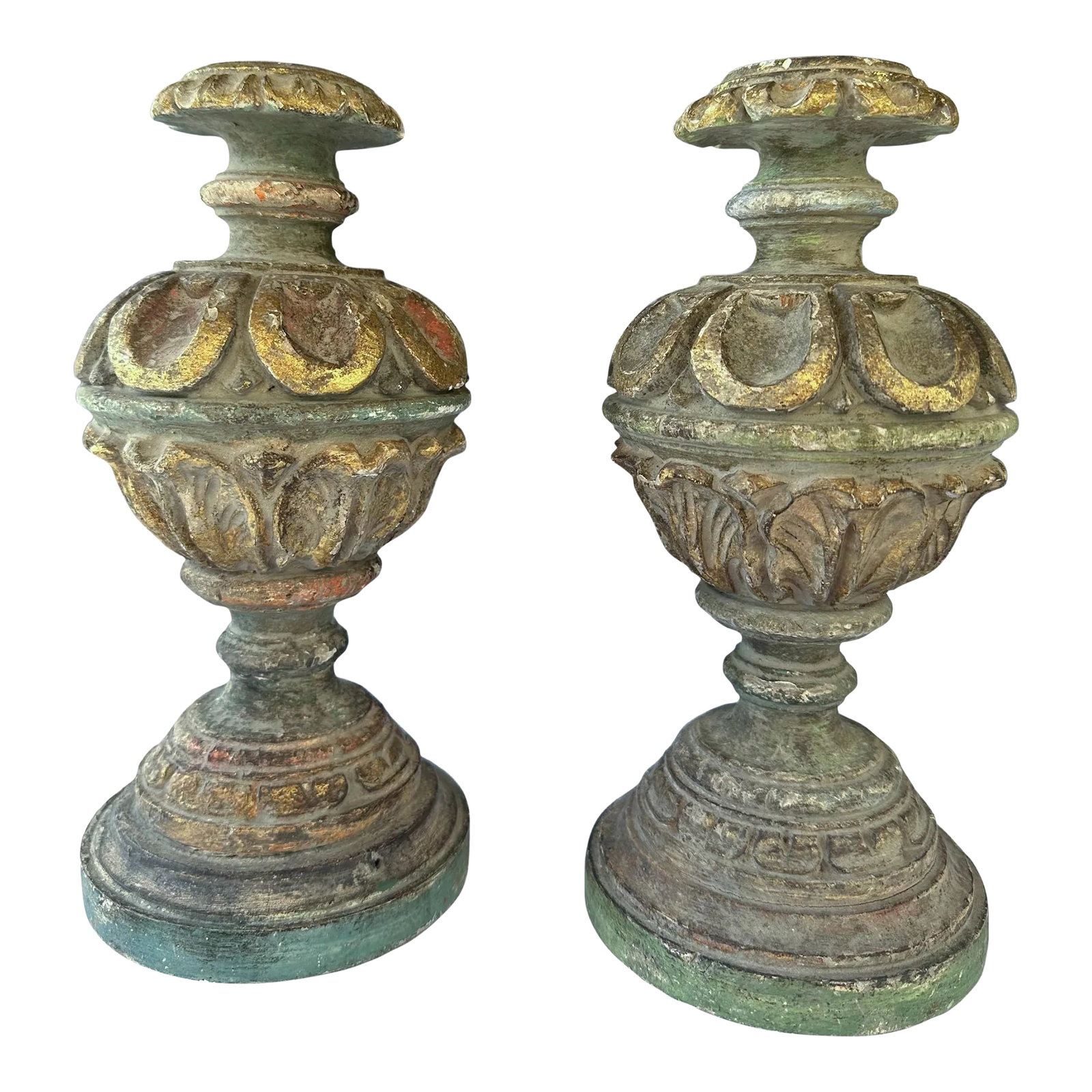 Early 19th Century Italian Carved Wood Candlesticks- a Pair: Perfectly charming Italian Carved Wood Candlesticks Pair. Incredible amount of authentic old world charm and patina. Gold leaf gilding and gesso. Gorgeous pair of candlesticks to add that perfect real
