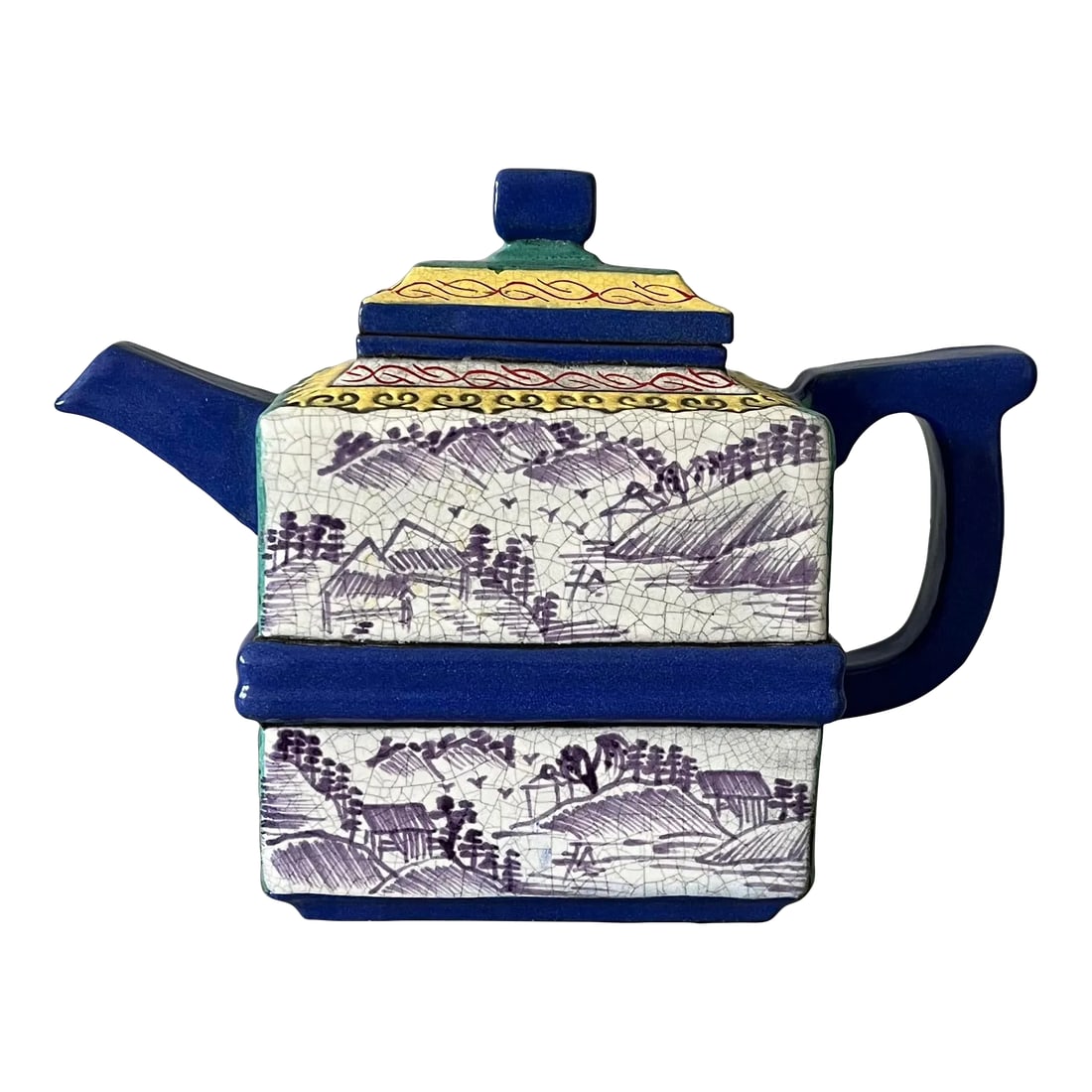 Yixing Zisha Enameled Square Teapot 19th Century- Marked: Pleased to have available for your viewing pleasure this very rare and absolutely lovely 19th century Chinese Yixing Zisha enameled clay teapot of square shape. Deftly handpainted gray reserves are