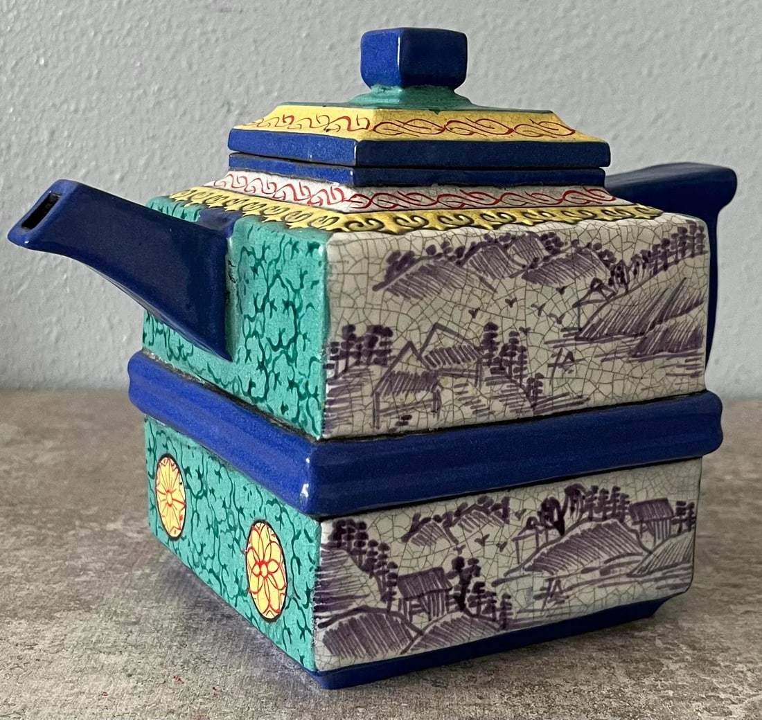 Yixing Zisha Enameled Square Teapot 19th Century- Marked - 2