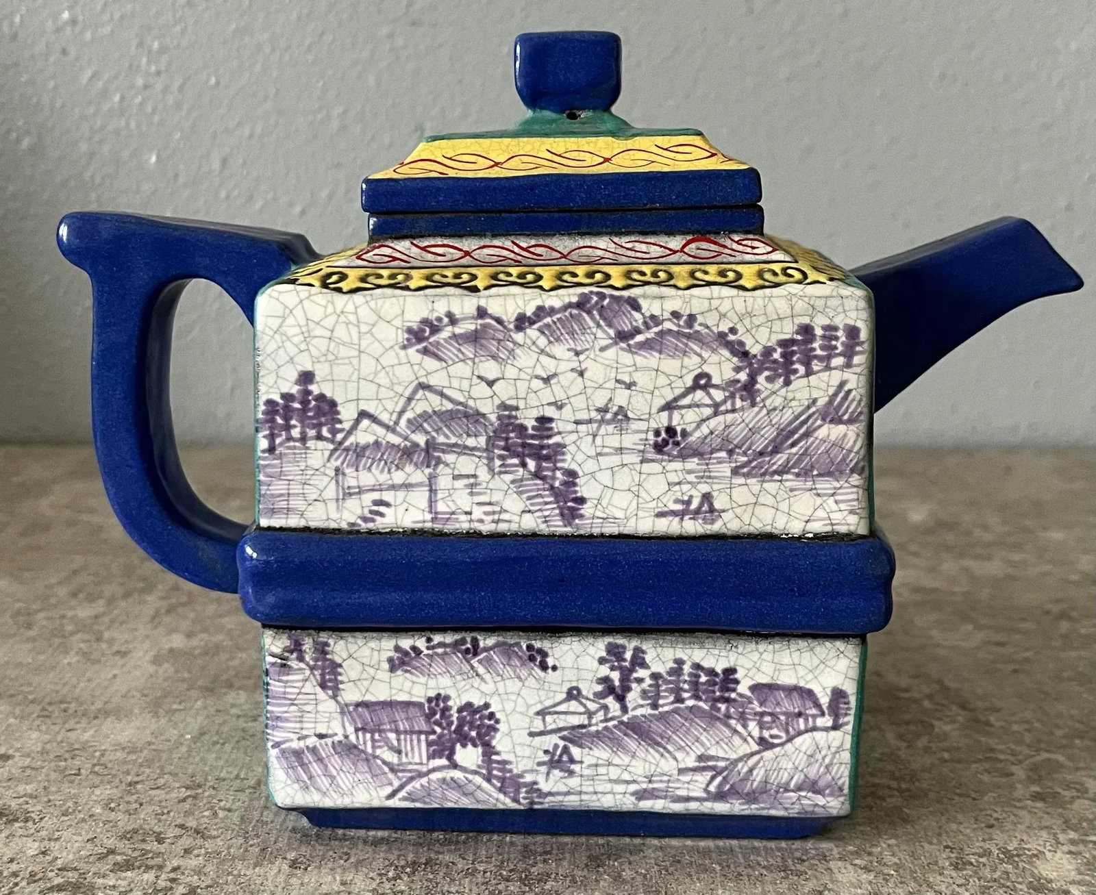 Yixing Zisha Enameled Square Teapot 19th Century- Marked - 5