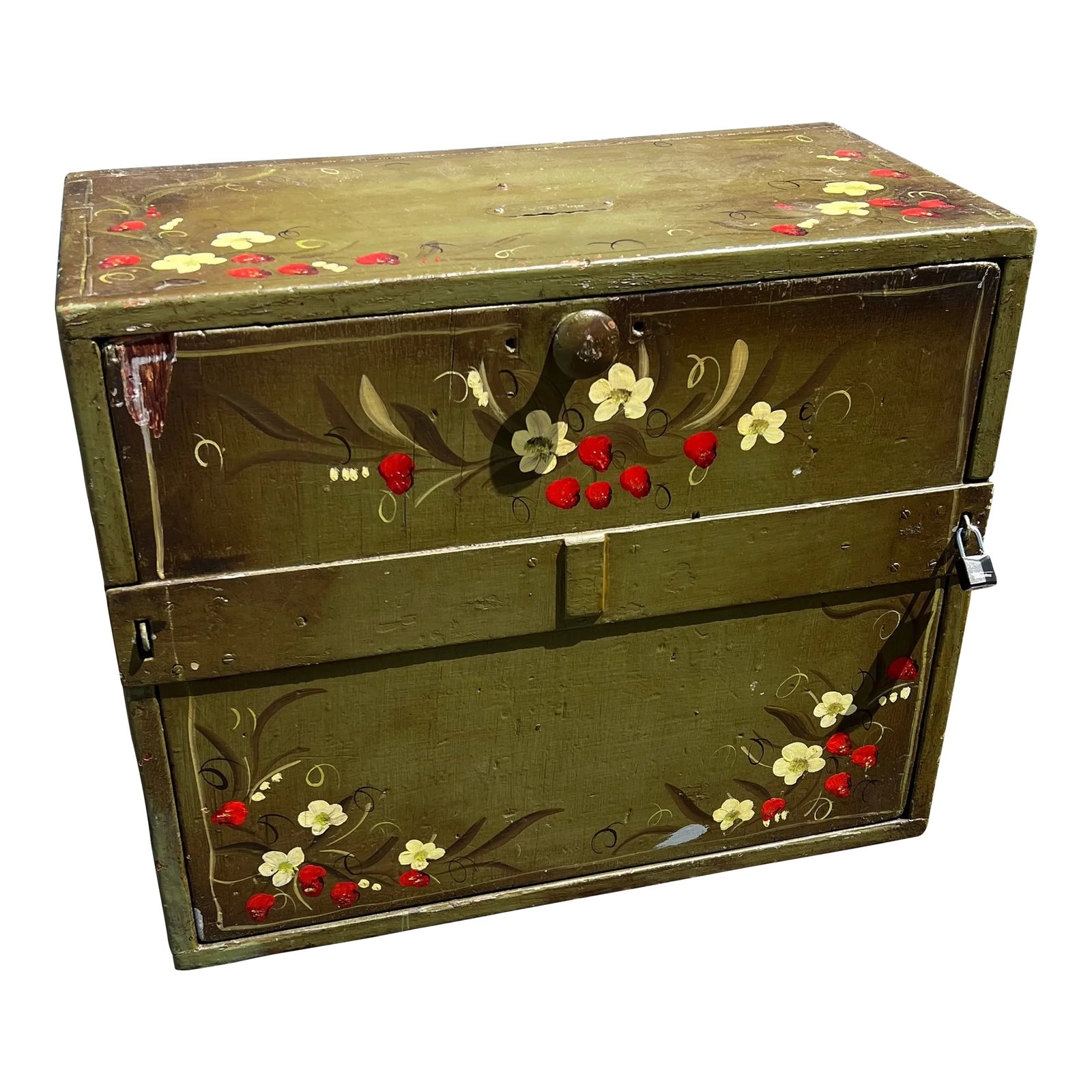 Vintage Repurposed Metal & Wood Military Box - Green Floral Box of Drawers Signed: Heavy military box repurposed. Beautiful and unique box of drawers used as a jewelry box. Painted green with a floral design on this vintage military box. There is a small metal plate with the name