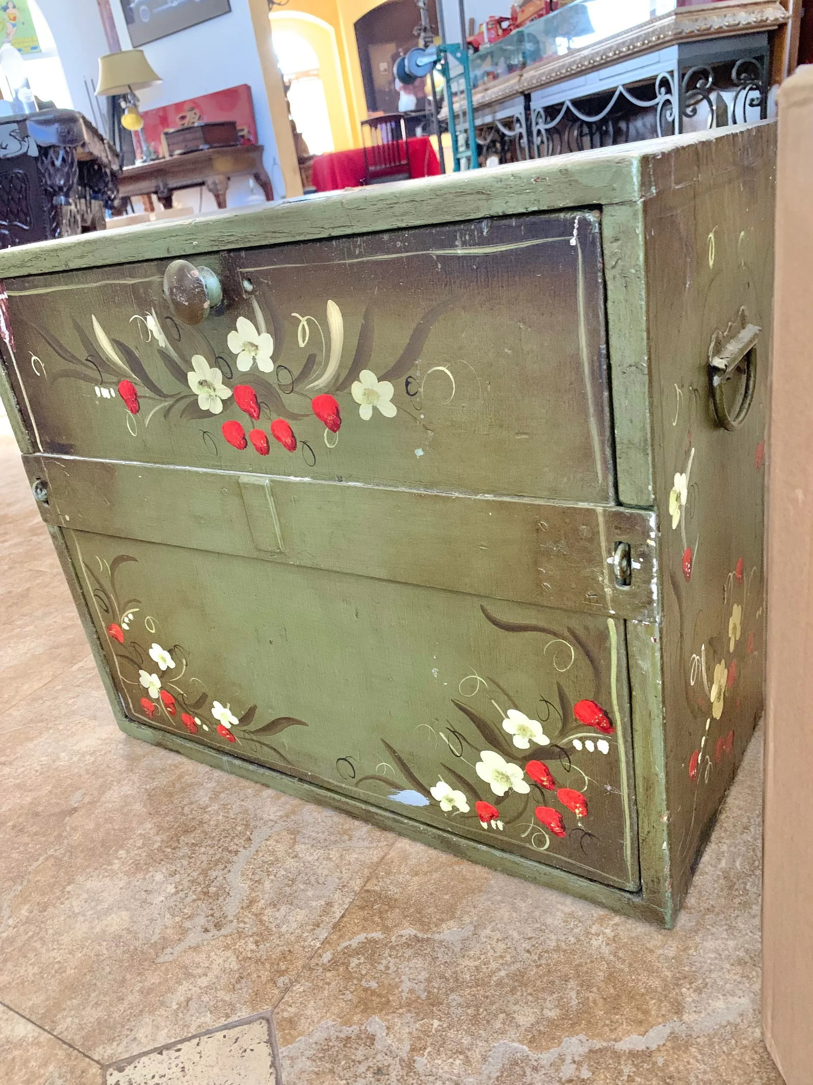Vintage Repurposed Metal & Wood Military Box - Green Floral Box of Drawers Signed - 2