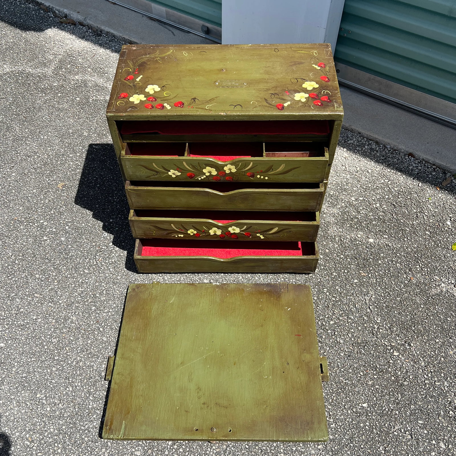 Vintage Repurposed Metal & Wood Military Box - Green Floral Box of Drawers Signed - 6