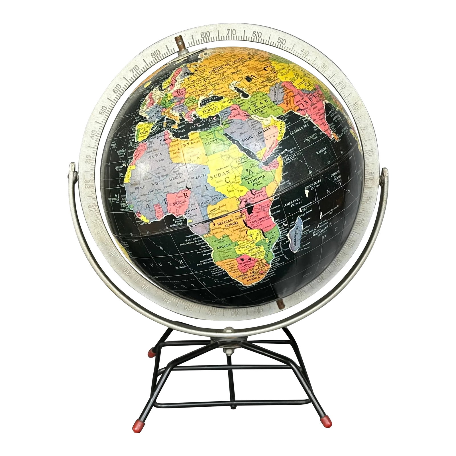 Replogle Black Ocean Starlight World Globe: It's rare to find a black ocean Replogle Starlight globe in the smaller 10 inch diameter size on a classic mid-century modern wire base. Mapped by cartographer Gustav Bruekmann, this vintage globe