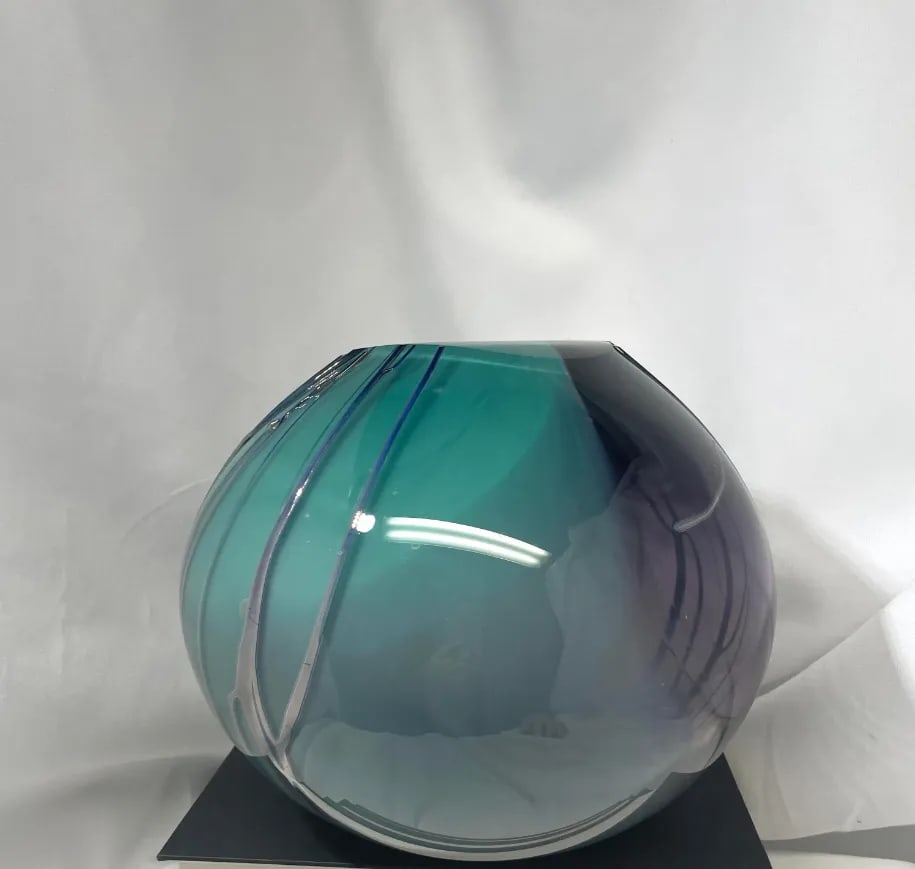 Vintage Paladino Hansen Purple & Teal Hand Blown Heavy Art Glass Round Ball Vase, Signed - 10