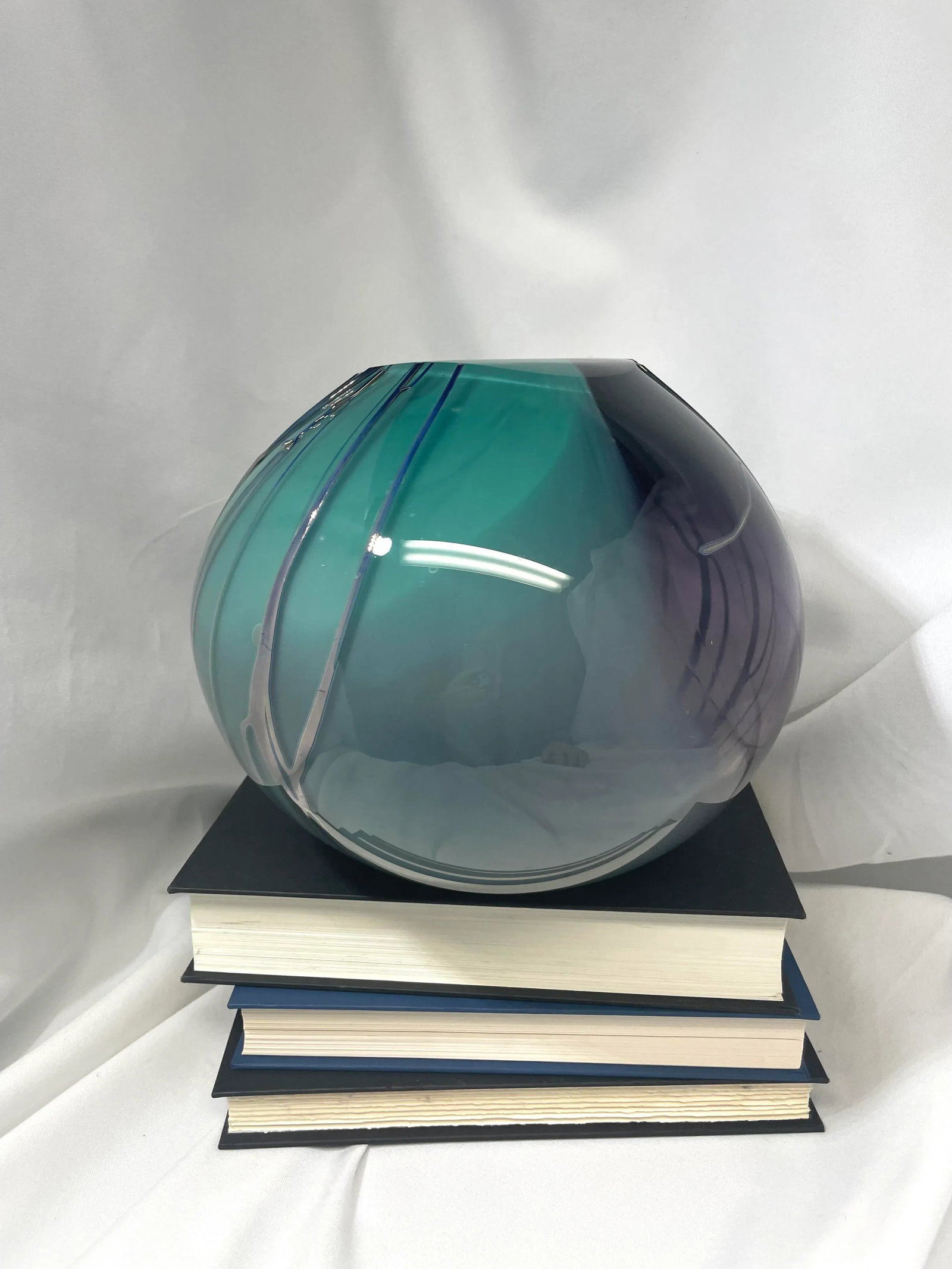Vintage Paladino Hansen Purple & Teal Hand Blown Heavy Art Glass Round Ball Vase, Signed - 2