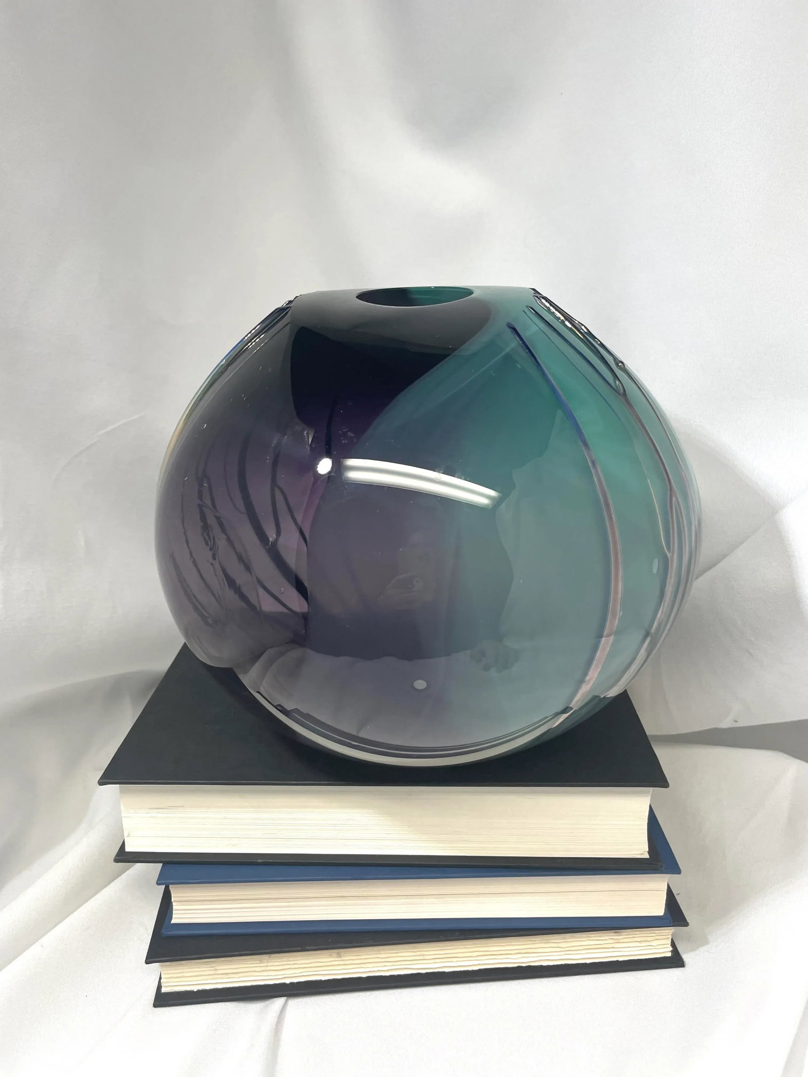 Vintage Paladino Hansen Purple & Teal Hand Blown Heavy Art Glass Round Ball Vase, Signed - 3