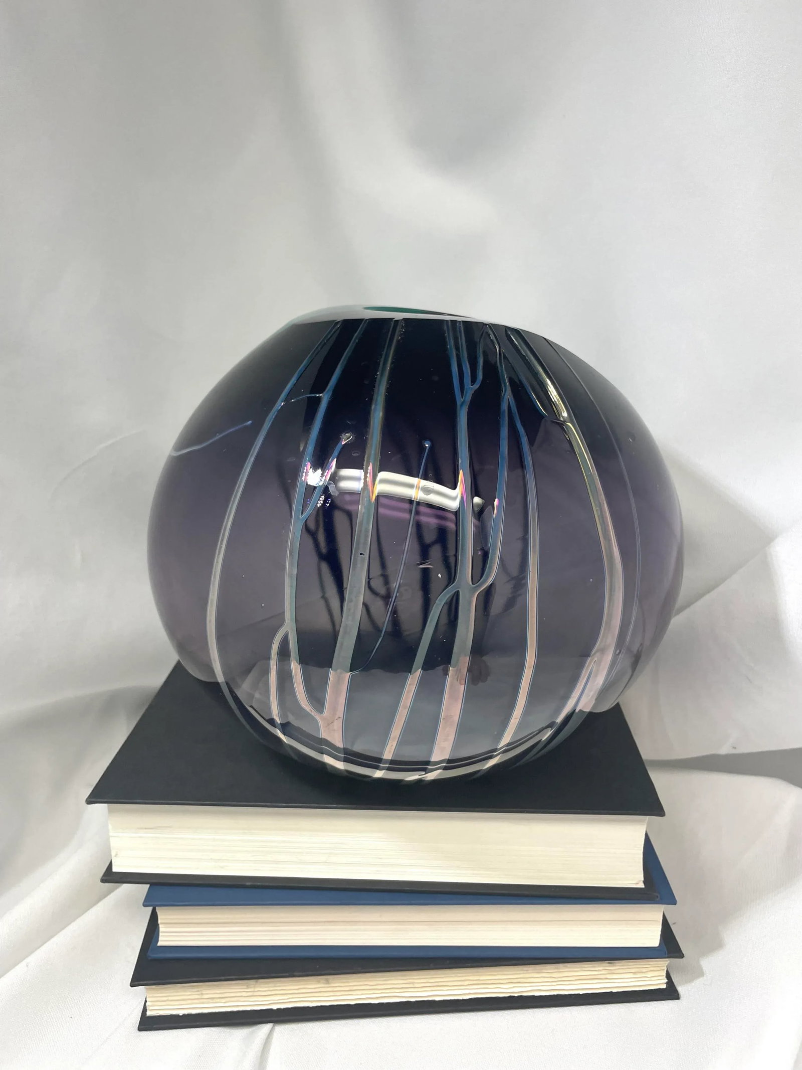 Vintage Paladino Hansen Purple & Teal Hand Blown Heavy Art Glass Round Ball Vase, Signed - 4