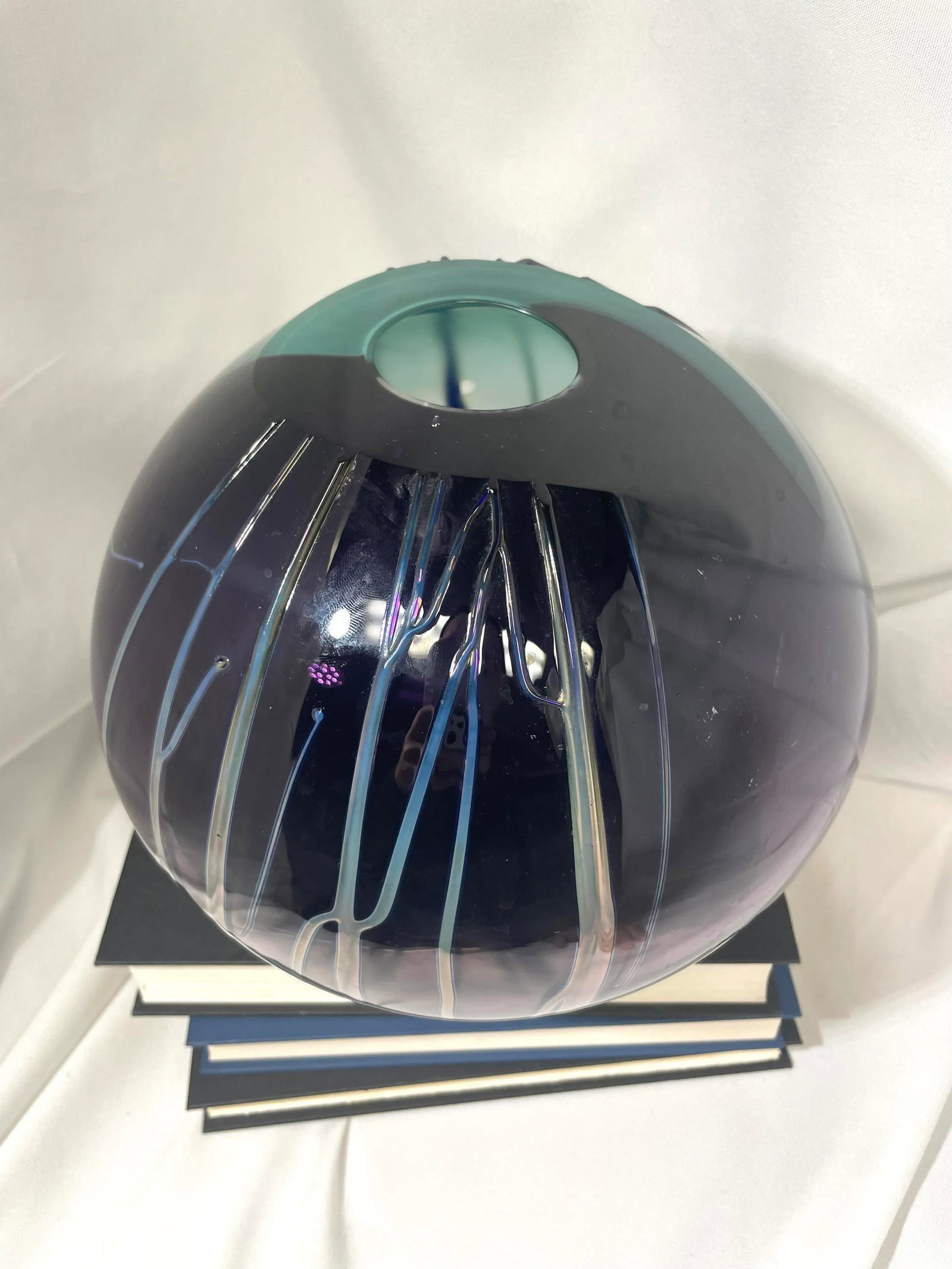 Vintage Paladino Hansen Purple & Teal Hand Blown Heavy Art Glass Round Ball Vase, Signed - 5