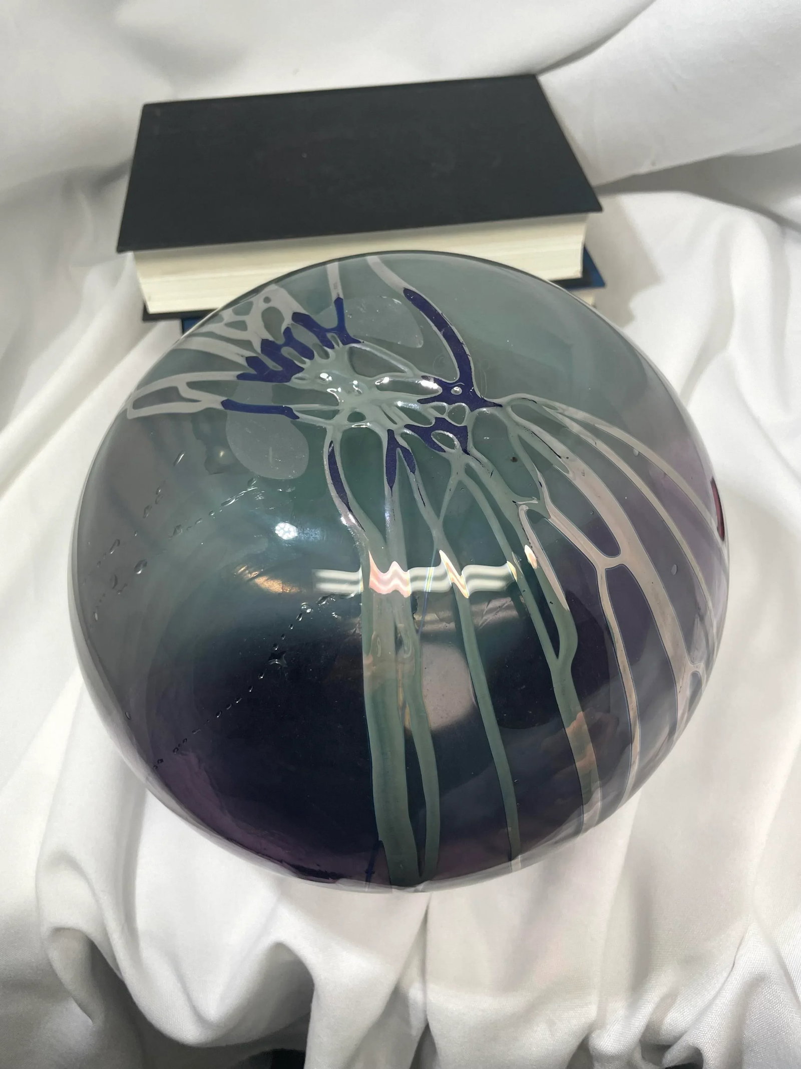 Vintage Paladino Hansen Purple & Teal Hand Blown Heavy Art Glass Round Ball Vase, Signed - 8