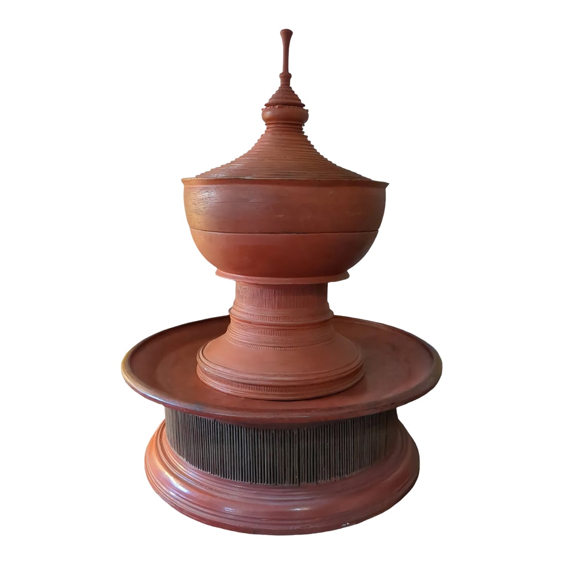 Antique Red Lacquered Urn, 19th C Burmese Offering Pot With Pedestal: This is an antique Burmese offering vessel or urn with a matching pedestal, which is rare to find. The gorgeous red lacquer wooden vessel is a gorgeous statement piece -- eye-catching anywhere you