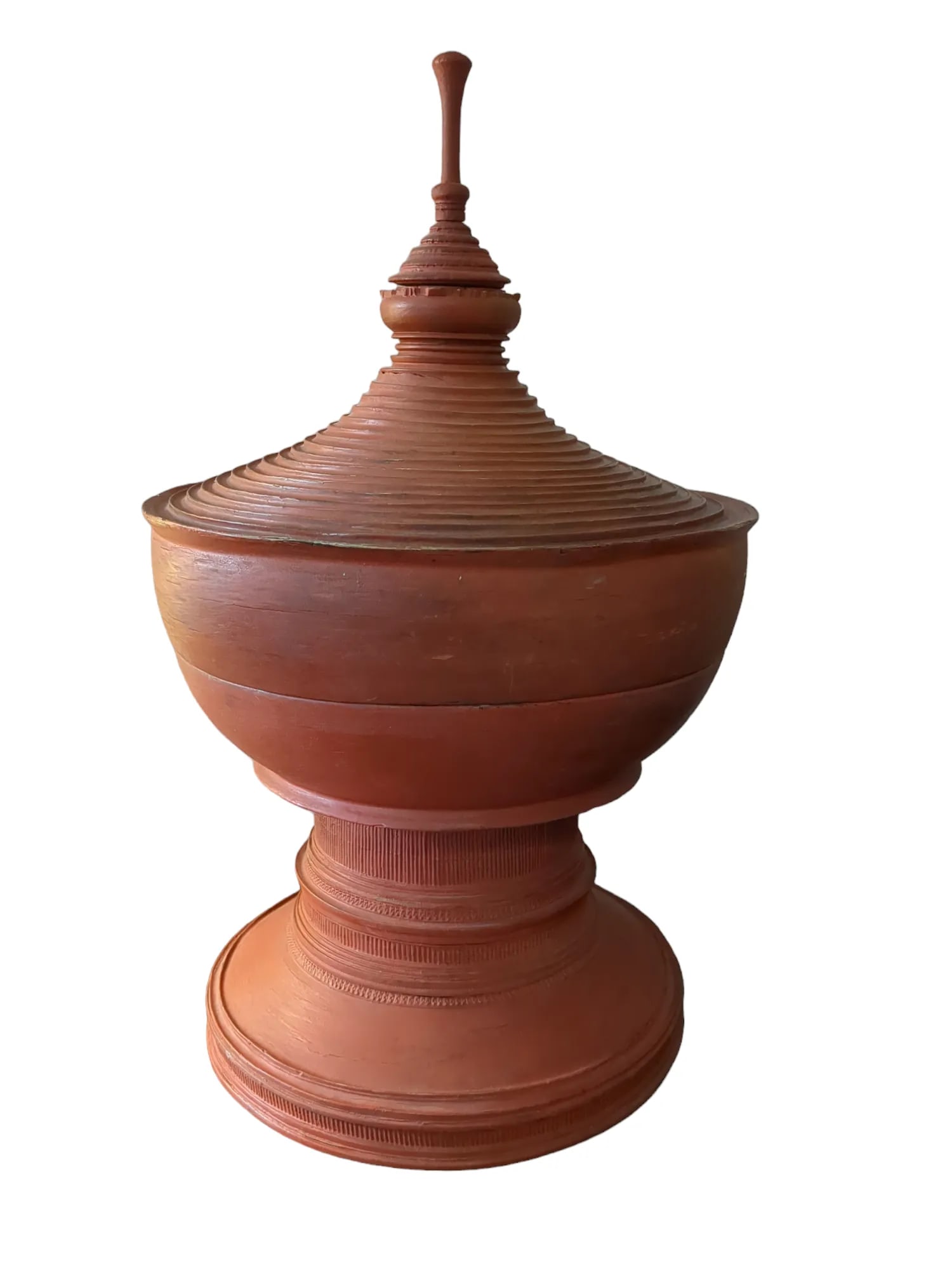 Antique Red Lacquered Urn, 19th C Burmese Offering Pot With Pedestal - 3