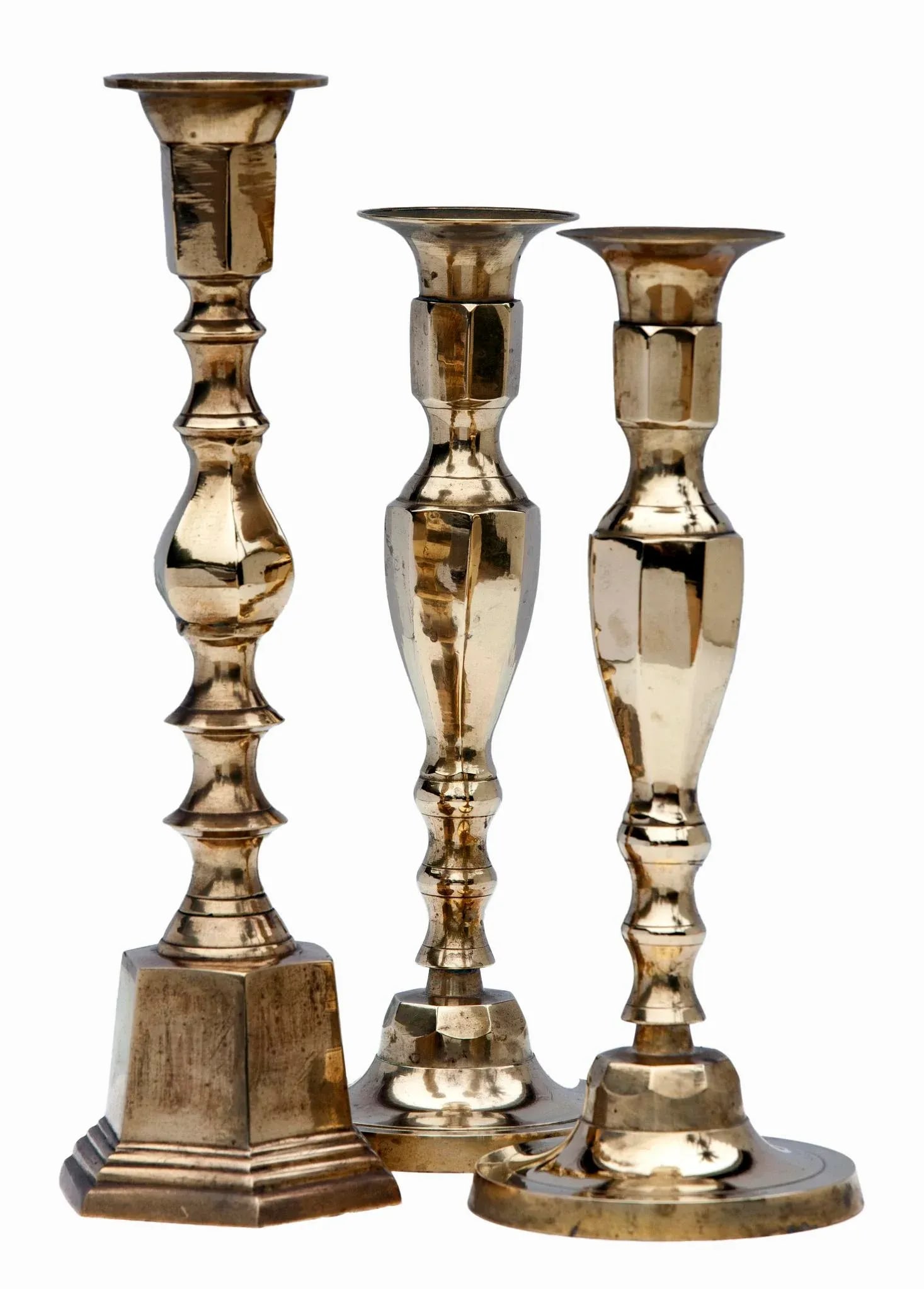 Mid 20th Century Polished Brass Candlesticks- Set of 3 - 3