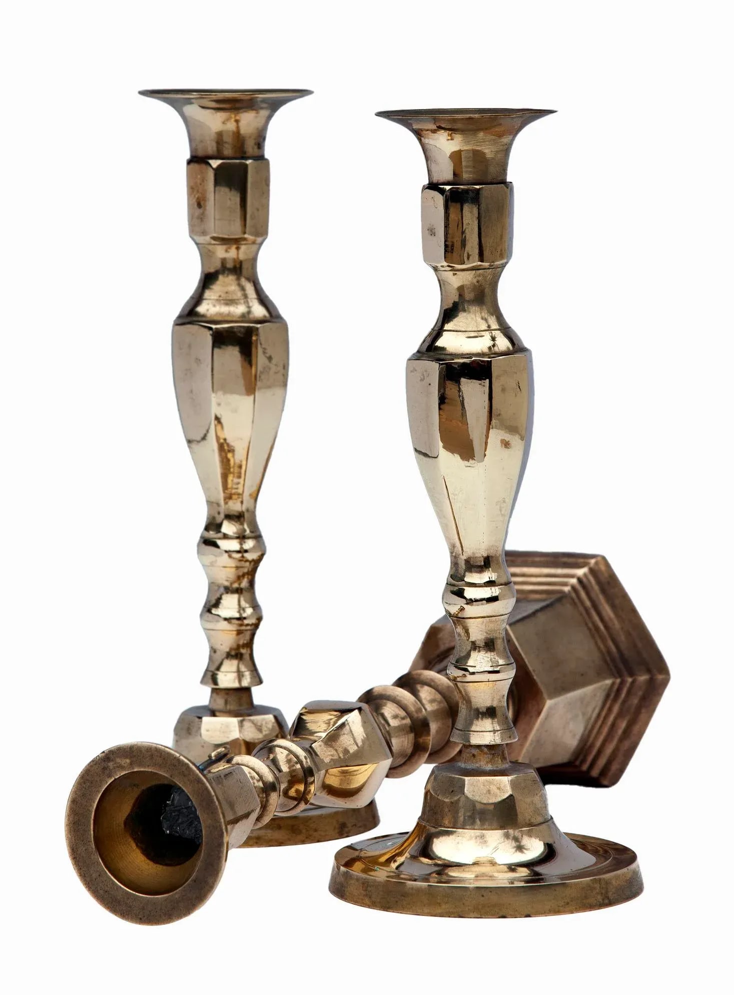 Mid 20th Century Polished Brass Candlesticks- Set of 3 - 4