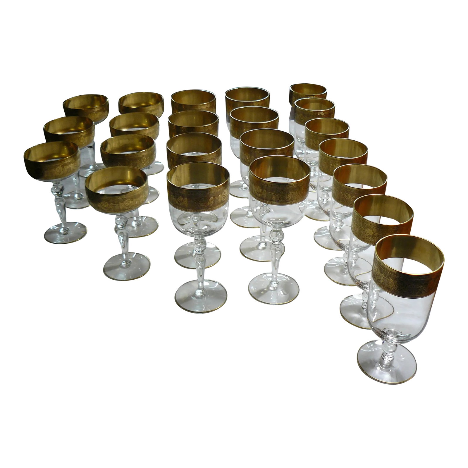 Early 20th Century Goldenrod by Glastonbury-Lotus Stemware- 22 Pieces: Beautiful set of vintage, 22-k gold-rimmed glassware, in the Goldenrod pattern by Glastonbury-Lotus.Date off production is unknown, but research suggests 1930s. Set includes 7 iced teas, 7 champagne c