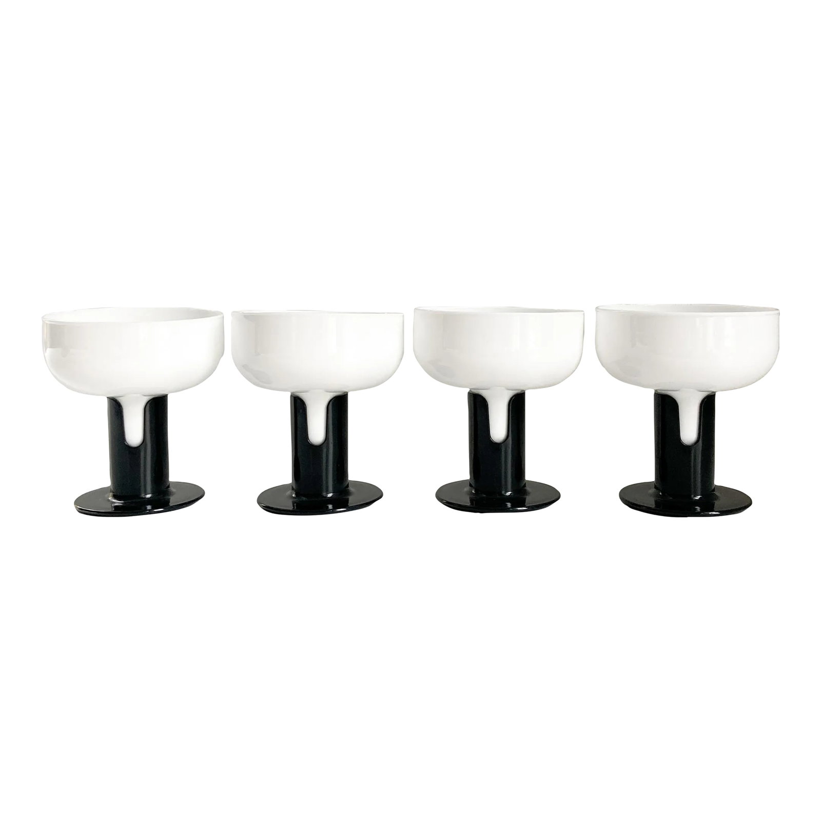 1980s Jorma Vennola for Iittala Finland Kaveri Champagne Coupe Glassware- Set of 4: This is an original production Kaveri Iittala glass set designed by Jorma Vennola in 1976. Vessel is two pieces - a molded plastic base with brand stamp on bottom with an opaque white glass goblet tha