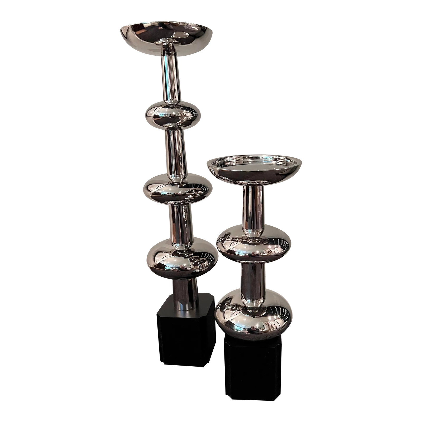 Pair of Contemporary Global Views Deco Influenced Candle Holders: Beautiful set of candle holders , very substantial in weight . Have a very art deco feel to them . Brand new in boxes, never used. Nice black bases with hefty nickel tapers above small candleholder