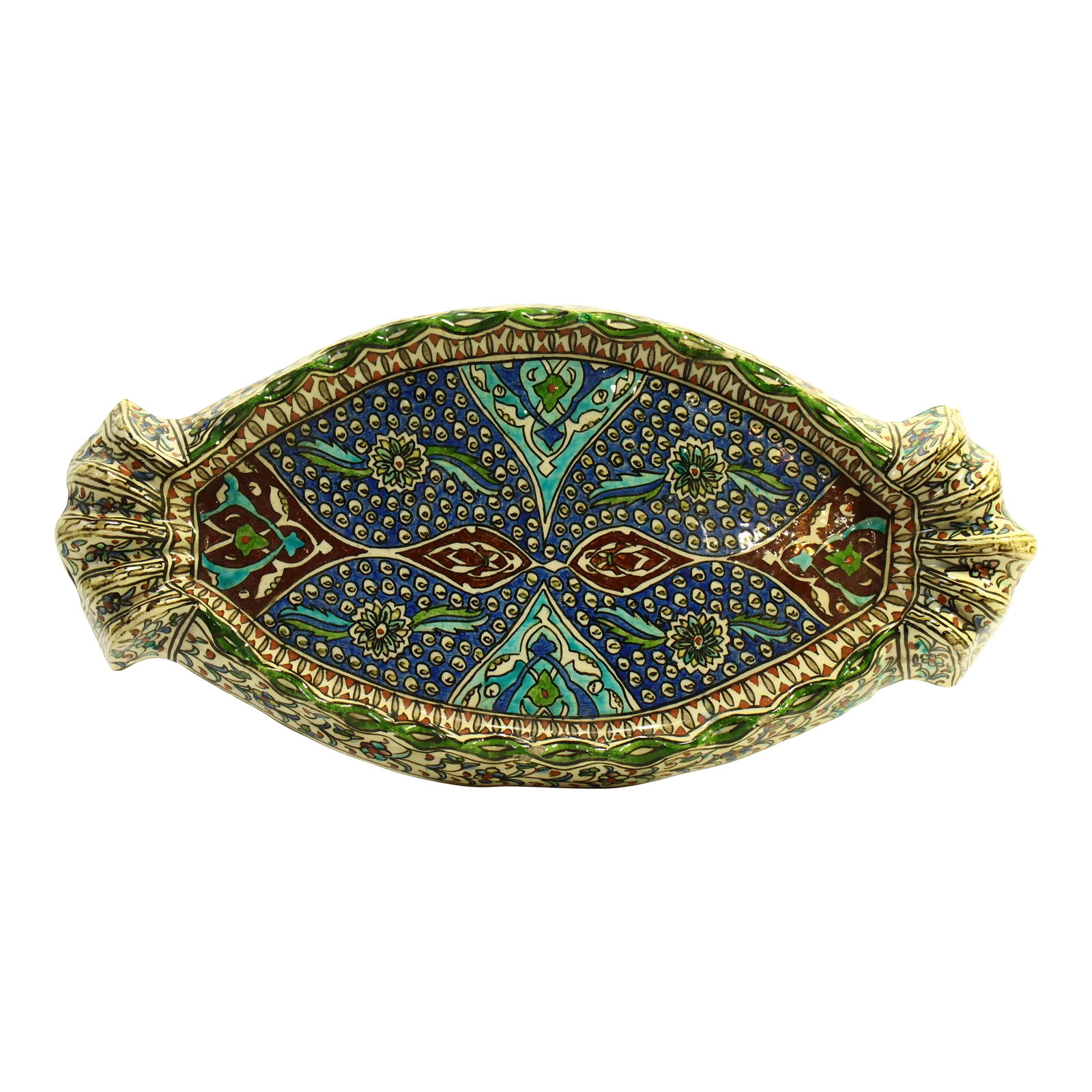 19th Century Iznik Type Pottery Qajar Polychrome Earthenware Sherbet Serving Tray: An impressive serving tray Polychrome pottery all hand decorated in Iznik style, made in Qajar Persia or Syria Intricate lozenge shape with shell like handles Circa mid 19th century All original