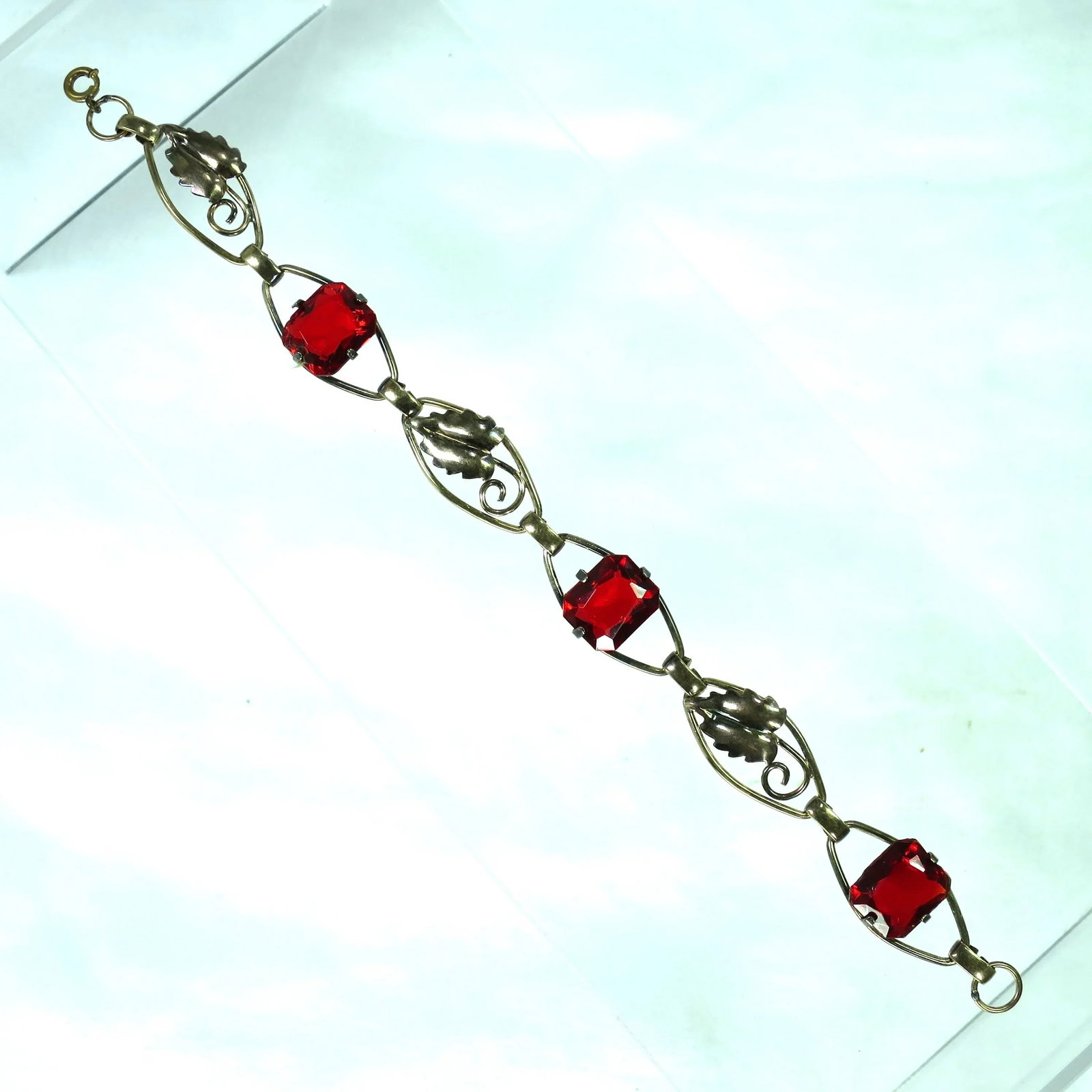 Vintage 1930s Art Deco Sterling 12k Ruby Crystal Bracelet - 2