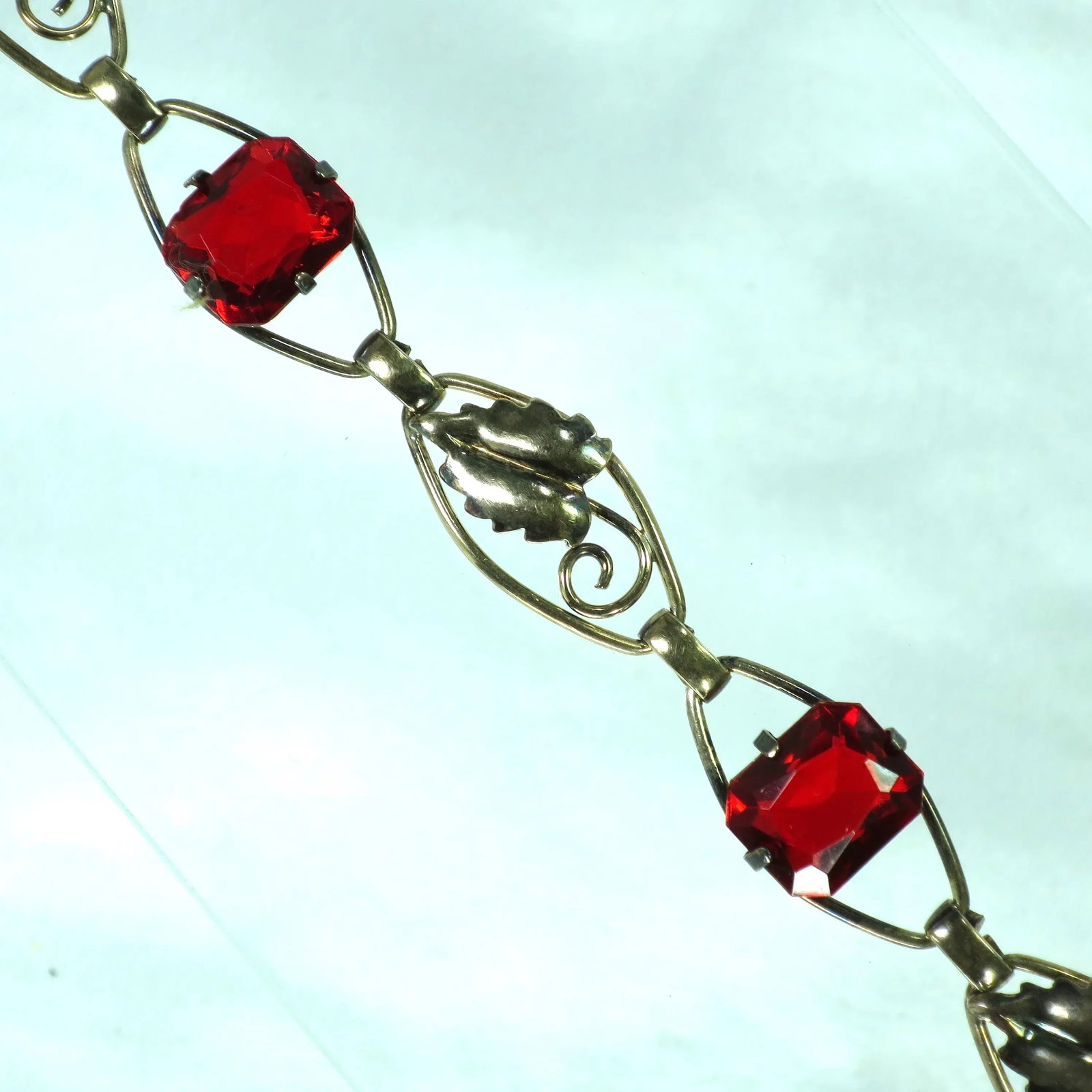 Vintage 1930s Art Deco Sterling 12k Ruby Crystal Bracelet - 3