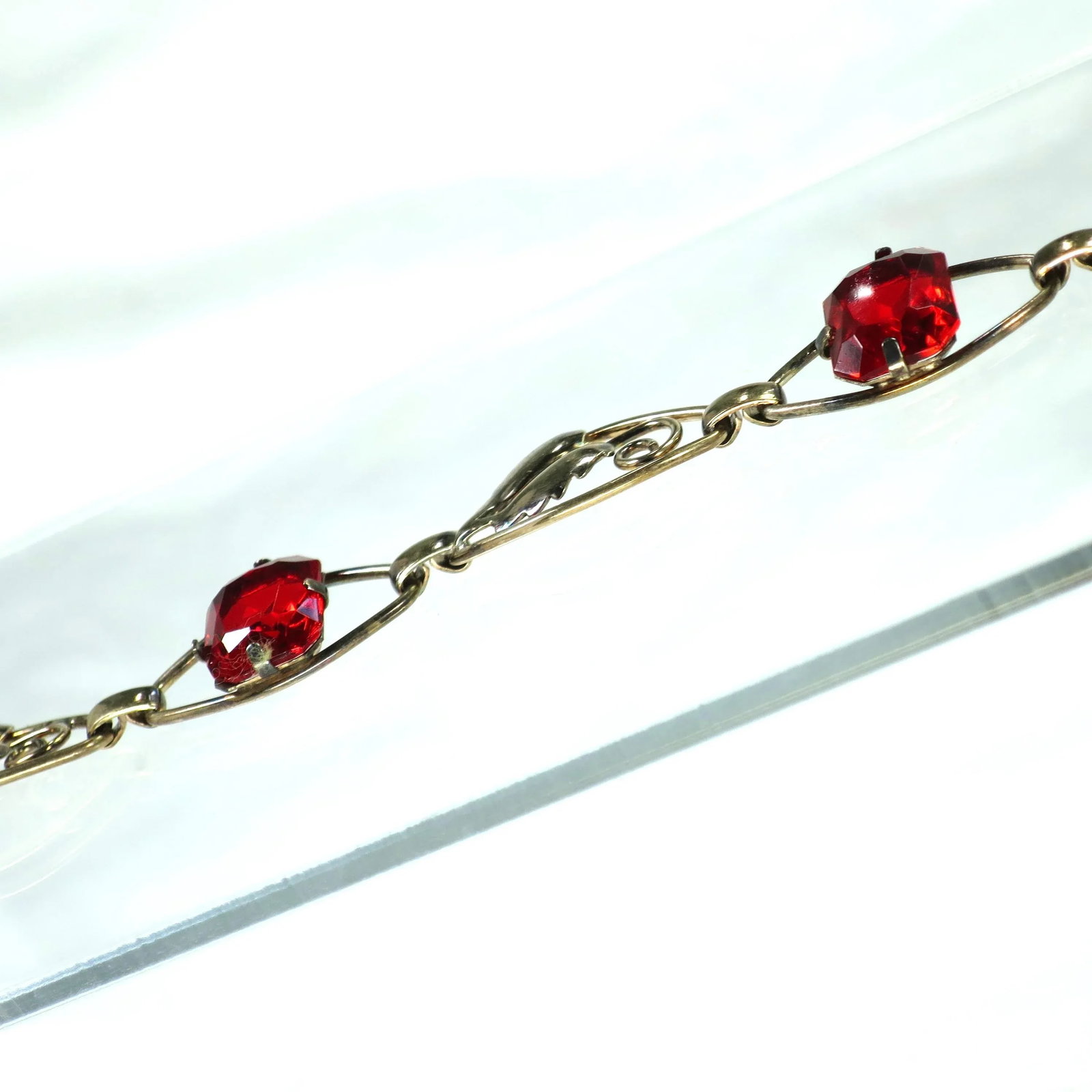 Vintage 1930s Art Deco Sterling 12k Ruby Crystal Bracelet - 4