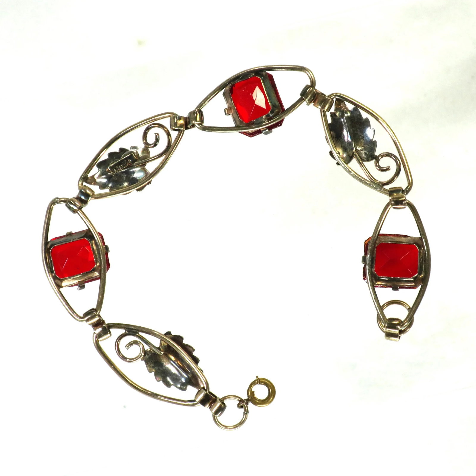 Vintage 1930s Art Deco Sterling 12k Ruby Crystal Bracelet - 7