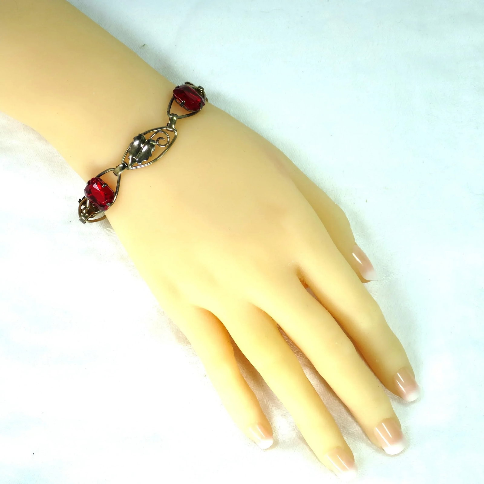 Vintage 1930s Art Deco Sterling 12k Ruby Crystal Bracelet - 9