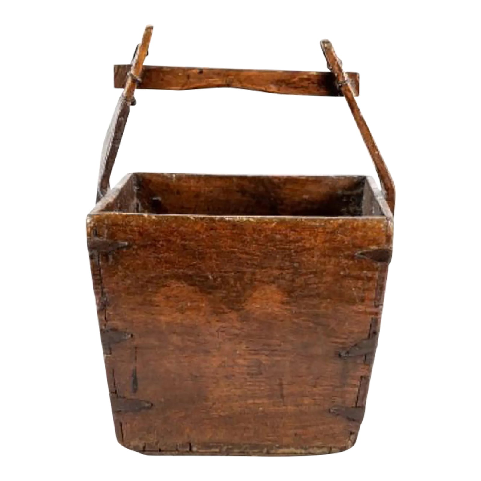 19th Century Chinese Wooden Grain Harvesting Bucket: Well used 19th century Chinese grain bucket. The 3 part handle with metal trim and joinery and also a metal patch to one side over what appears to be an original break. Corners with metal trim. Wood